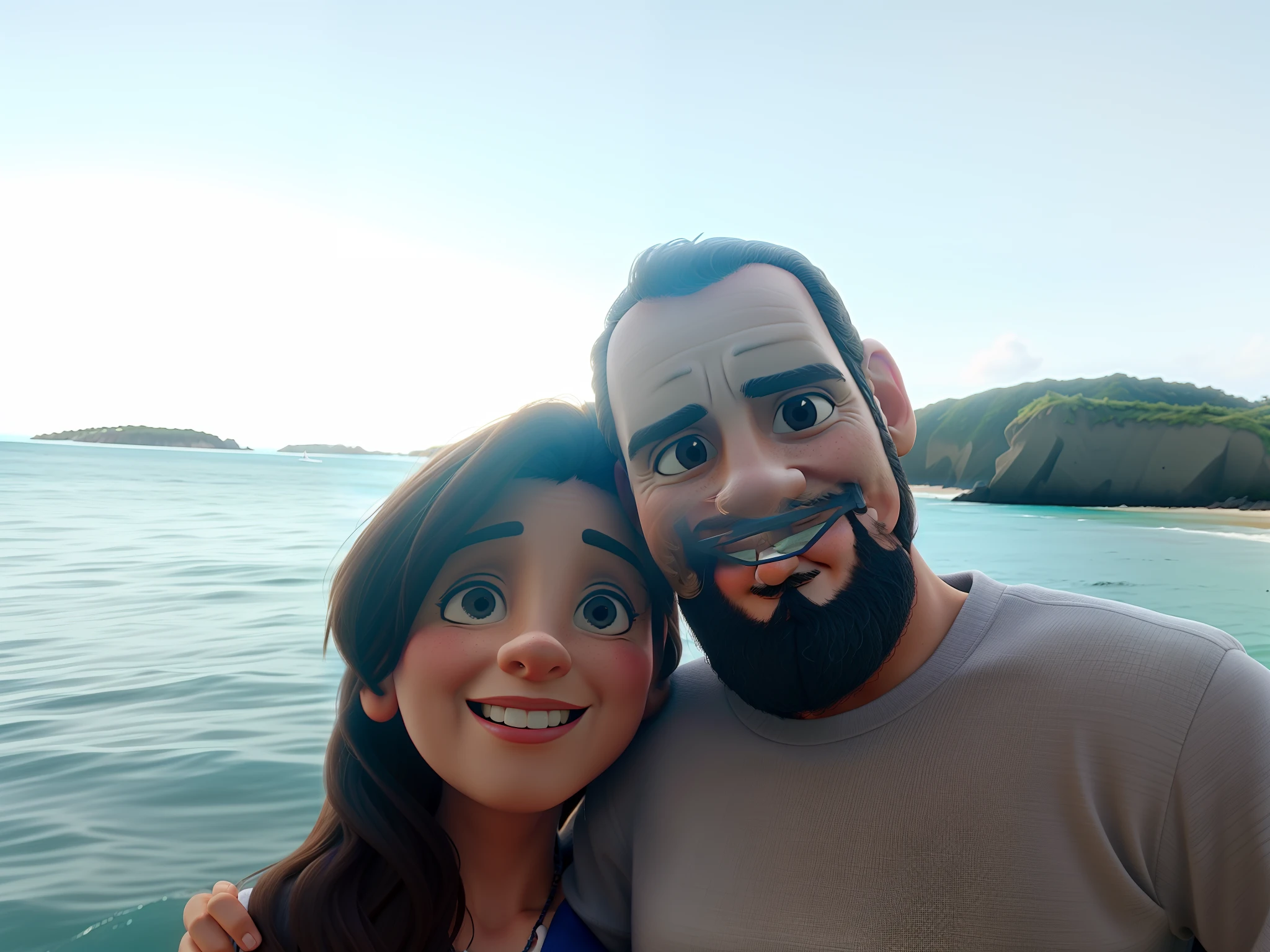They are posing for a photo on the beach with the sea in the background, no mar, O oceano ao fundo, photo from behind, foto selfie, foto de praia, vacation photo, na praia, oceano ao fundo, standing near the beach, vestindo vestes brancas!, 4 5 I, Selfie, na praia, Foto selfie 8k, imagem de perfil
