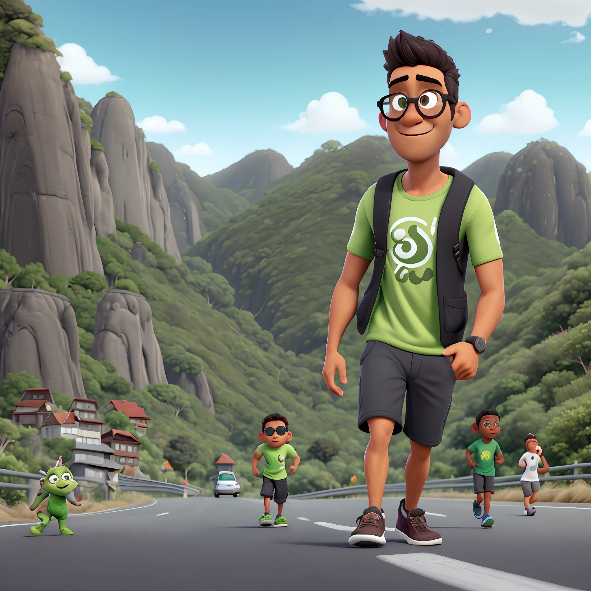 A realistic Pixar-style movie poster featuring a marathon runner, 40 anos, alto, corpo atletico, Cabelos castanhos escuros, curto, com a linha do cabelo recuando, raspado nas laterais, Short beard with some gray parts and mirrored sunglasses. T-shirt com azul, gradiente verde e amarelo, com HUPI escrito em preto e negrito no peito, lime green sneakers. He's walking on a very steep stretch of asphalt of the mountain, Cansado, with arms down, outros corredores escalando. Ao fundo uma estrada de asfalto com muitas curvas na serra. The background is too dark.