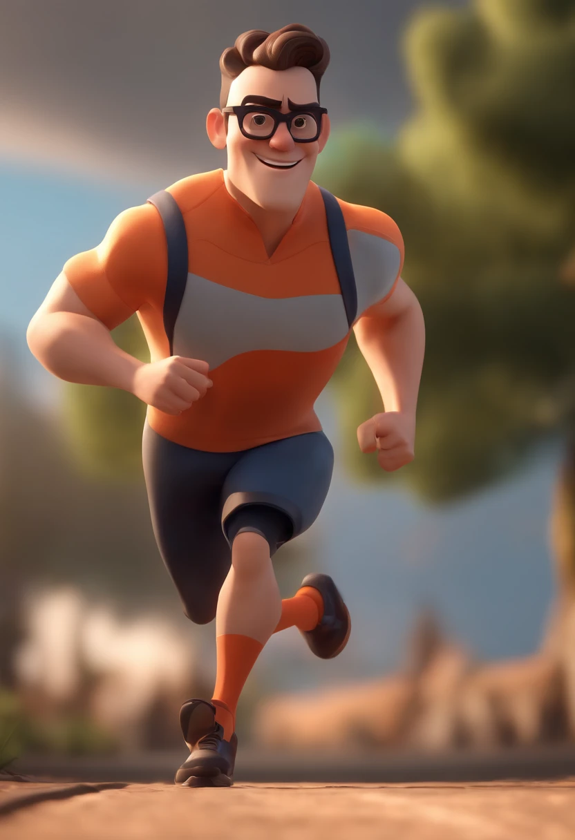 Cartoon character of a man running outdoors with black glasses, cabelo liso, pele cor clara, animation character, Caractere estilizado, animation style rendering, 3D estilizado, Arnold Maya render, 3 d render stylized, toon render keyshot, Personagem 3D, Personagem 3D, 3d rendering stylized, 3 d character render, personagem de desenho animado, Personagem de close up, Pose de personagem, (Estilo Pixar) (master part:1.2) (Bokeh) (melhor qualidade) (pele detalhada) (textura detalhada) (8k) (argila) (Cinematic lighting) (foco nítido)