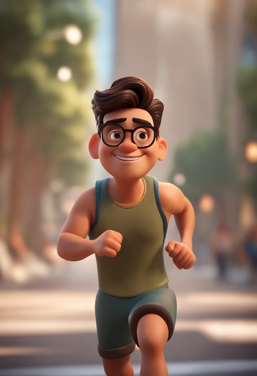 Cartoon character of a man running outdoors with black glasses, cabelo liso, pele cor clara, animation character, Caractere estilizado, animation style rendering, 3D estilizado, Arnold Maya render, 3 d render stylized, toon render keyshot, Personagem 3D, Personagem 3D, 3d rendering stylized, 3 d character render, personagem de desenho animado, Personagem de close up, Pose de personagem, (Estilo Pixar) (master part:1.2) (Bokeh) (melhor qualidade) (pele detalhada) (textura detalhada) (8k) (argila) (Cinematic lighting) (foco nítido)