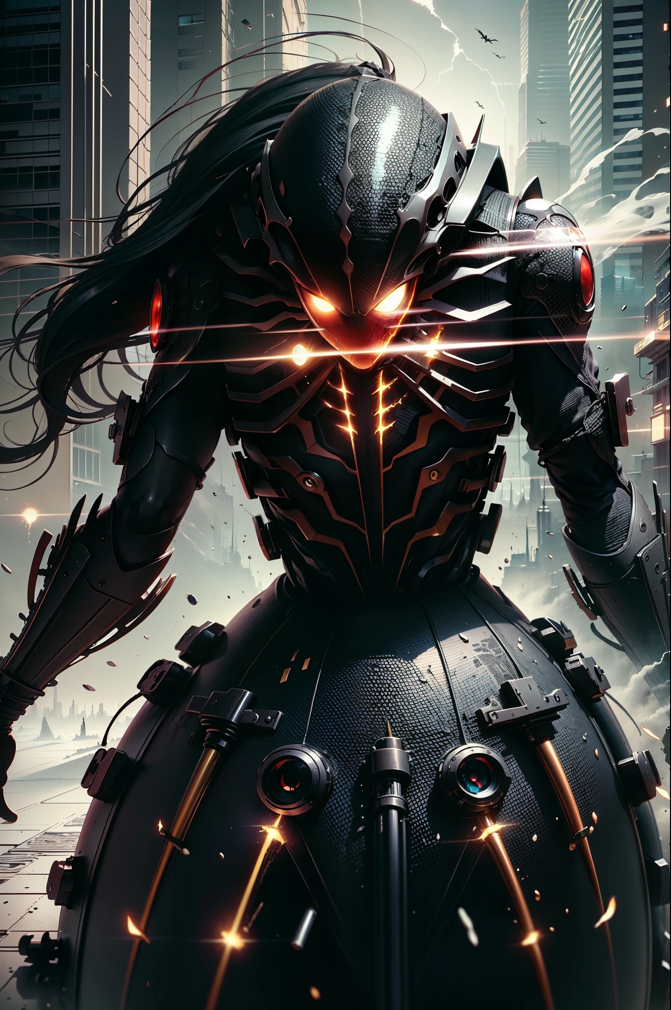 (masterpiece, best quality), intricate details, 8k, artstation, wallpaper, official art, splash art, sharp focus, hair split in half, red eyes, black hair,
spider suit, spider web printing, spider web,
skyscrapers, city, buildings, cars, street, focus boy, boy