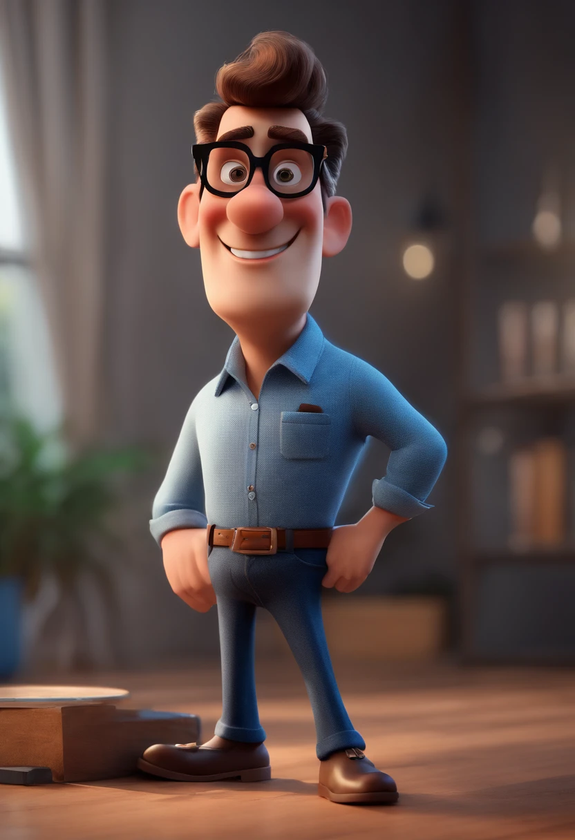 Cartoon character of a man with black glasses and a blue shirt, animation character, Caractere estilizado, animation style rendering, 3D estilizado, Arnold Maya render, 3 d render stylized, toon render keyshot, Personagem 3D, Personagem 3D, 3d rendering stylized, 3 d character render, personagem de desenho animado, Personagem de close up, Pose de personagem, (Estilo Pixar) (master part:1.2) (Bokeh) (best quality) (pele detalhada) (textura detalhada) (8k) (argila) (Cinematic lighting) (foco nítido