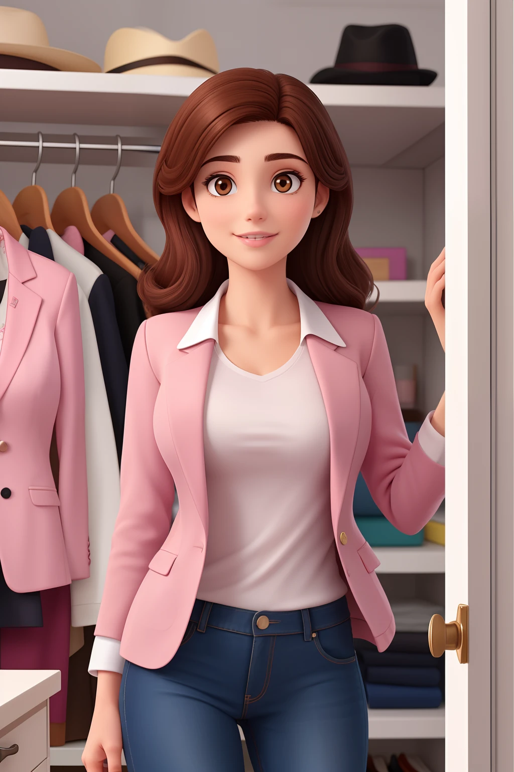 A woman working in the women's closet The woman with dark brown hair Wearing a blazer Pink jeans and white t-shirt