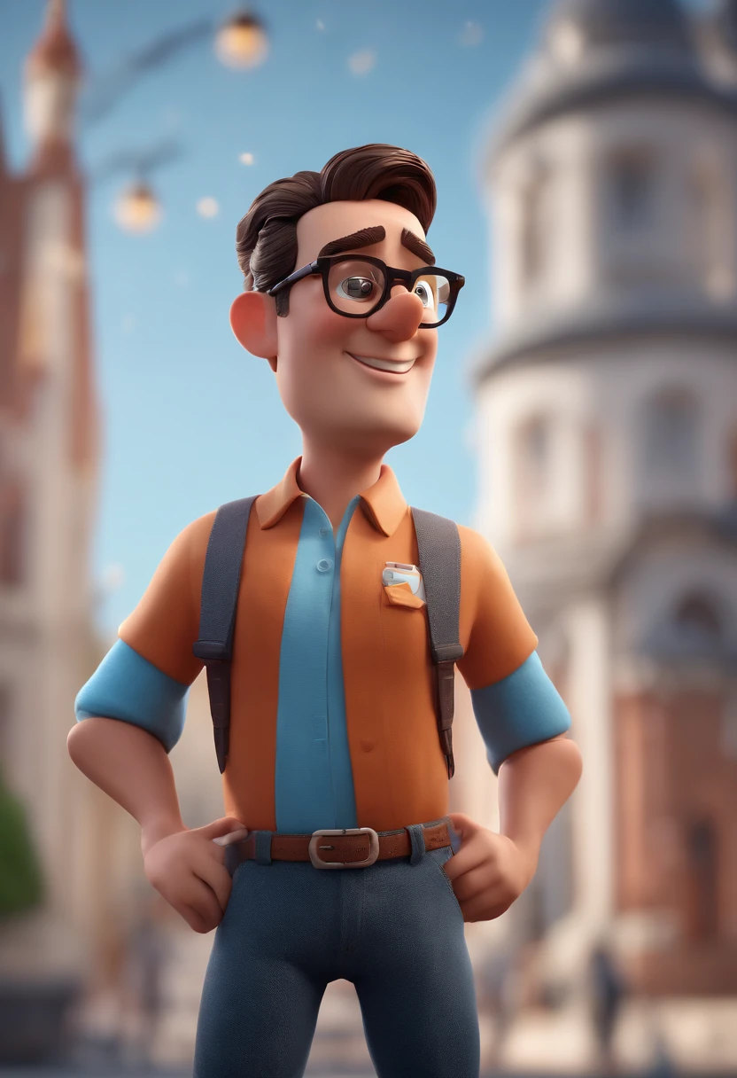 Cartoon character of a man with black glasses and a blue shirt, animation character, Caractere estilizado, animation style rendering, 3D estilizado, Arnold Maya render, 3 d render stylized, toon render keyshot, Personagem 3D, Personagem 3D, 3d rendering stylized, 3 d character render, personagem de desenho animado, Personagem de close up, Pose de personagem,  (Estilo Pixar) (master part:1.2) (Bokeh) (best quality) (pele detalhada) (textura detalhada) (8k) (argila) (Cinematic lighting) (foco nítido
