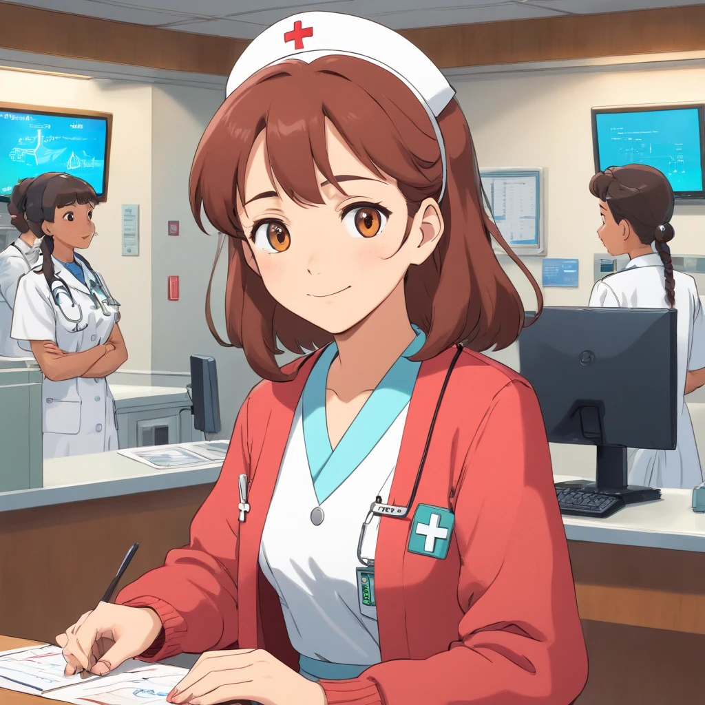 Woman in a cardigan in a nurse's uniform，Young Face，Stand at the reception desk of the hospital，Look into the distance，With a smile，Faraway view，Studio Ghibli