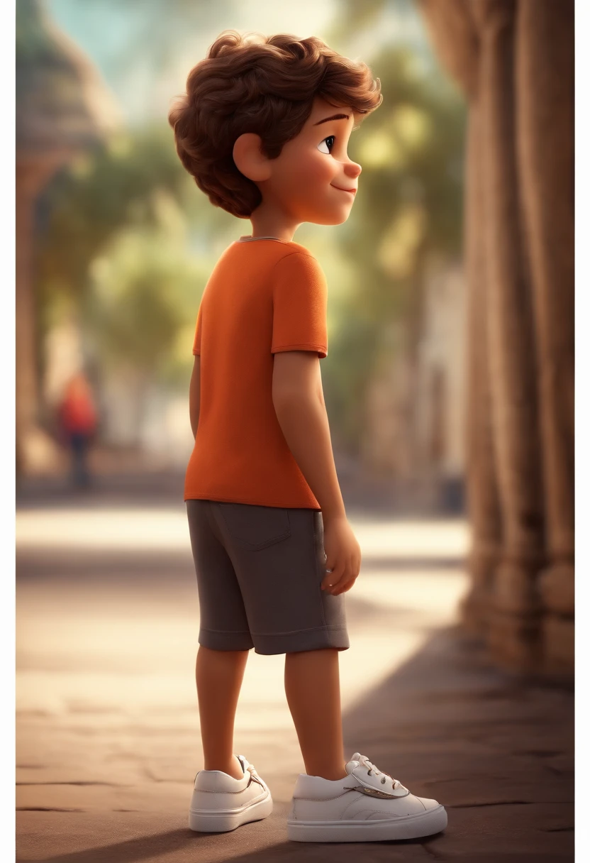 Imagem de um de 4 anos, Formato Pixar, pele castanha clara, cabelo cortado, blusa branca, Black shorts, white sneakers