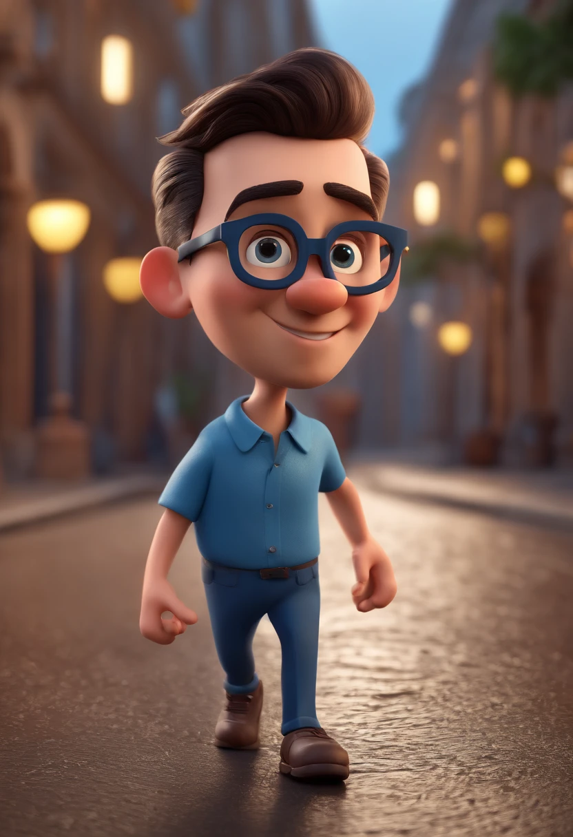 Cartoon character of a man with black glasses and a blue shirt, animation character, Caractere estilizado, animation style rendering, 3D estilizado, Arnold Maya render, 3 d render stylized, toon render keyshot, Personagem 3D, Personagem 3D, 3d rendering stylized, 3 d character render, personagem de desenho animado, Personagem de close up, Pose de personagem,  (Estilo Pixar) (master part:1.2) (Bokeh) (best quality) (pele detalhada) (textura detalhada) (8k) (argila) (Cinematic lighting) (foco nítido