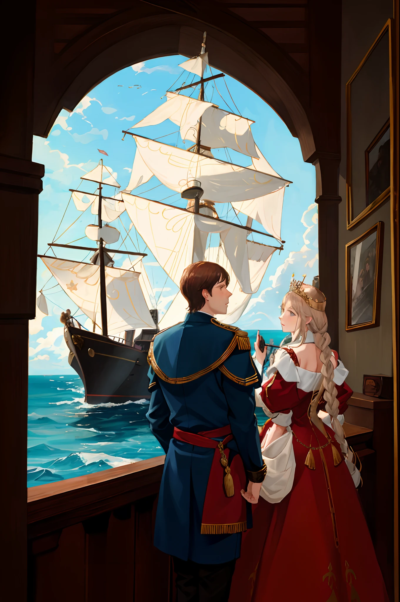 King Ferdinand and Queen Isabella standing on a balcony in watch Christopher Columbus sail away