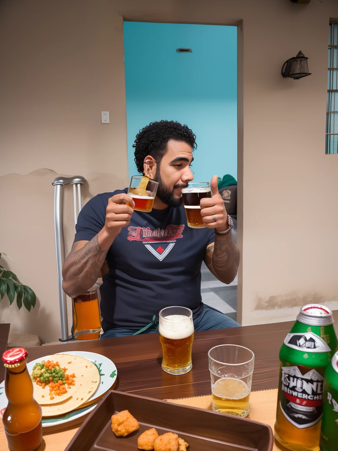 There's a man sitting at a table with a plate of food and a beer, giving a thumbs up to the camera, beber cerveja e rir, dando os polegares para cima, homem bebendo cerveja, pegando seus tacos e bebida), beber uma cerveja, lawther sit at table playing dnd, cervejas na mesa, dando um polegar para cima, shot with sony alpha 1 camera