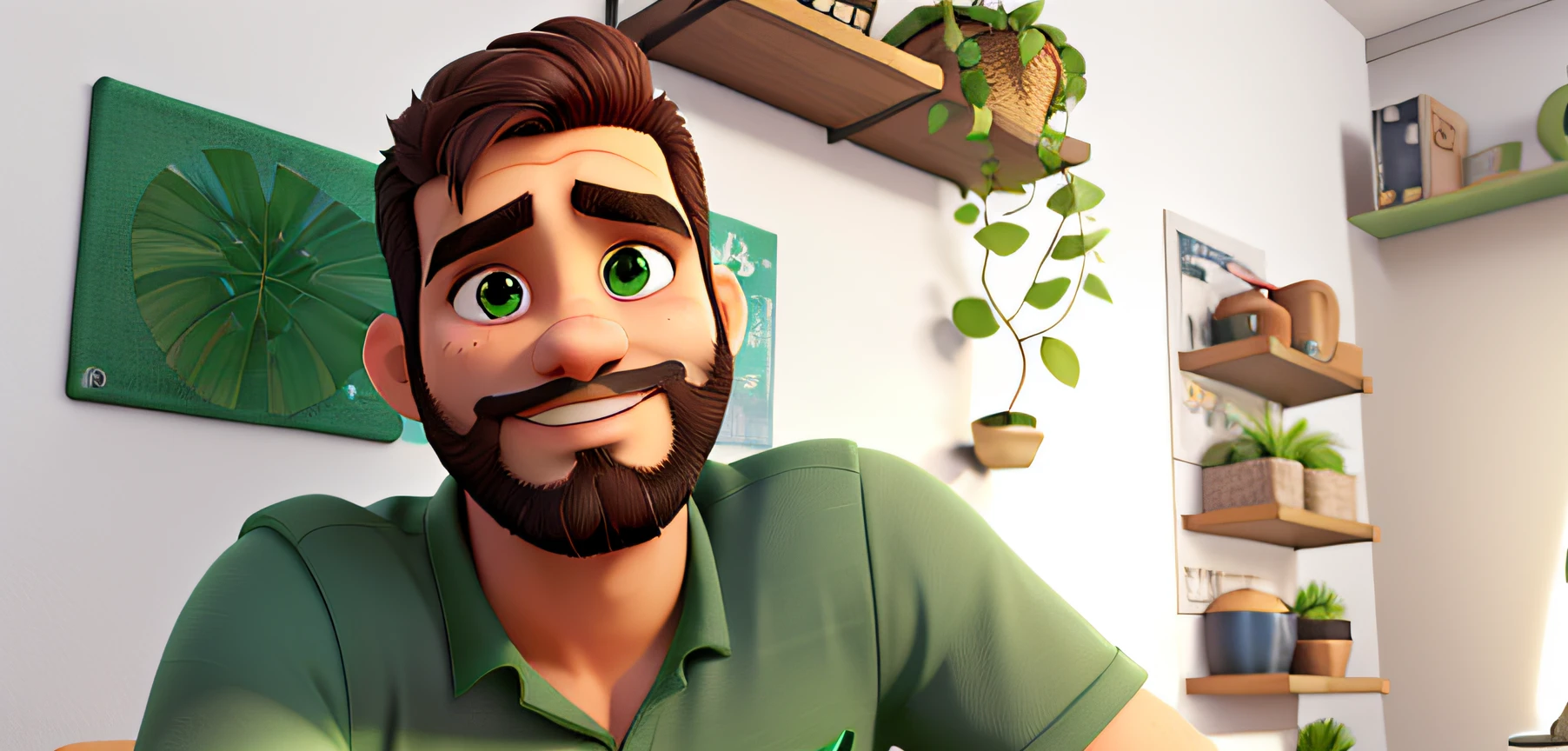 rapaz de barba e cabelos pretos, olhos pretos e camisa verde em uma sala com planta