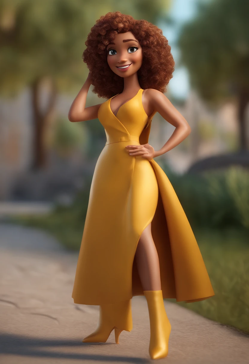 giganta, red hair, blue eyes, lips, pink dress, gold jewelry, gold belt, looking at viewer, smiling, teeth, 
standing, outside, hands on hips,  apartment building, alley, trees, autumn, blue sky, extreme detail, hdr, beautiful quality,  <lora:Giganta:.8>
