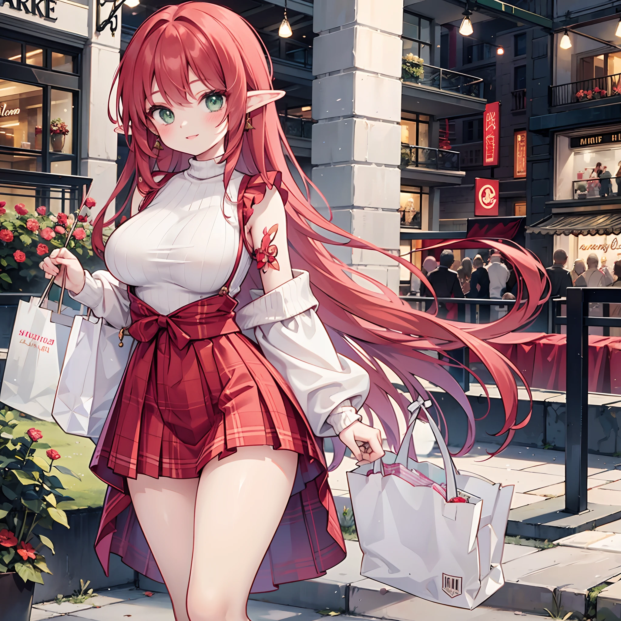 Realistic and detailed image of an elf. Dressed in a long sweater, sleeveless, no neckline. Pleated plaid mini skirt. Unusually shiny long silky scarlet red hair. green eyes. She has earrings and long eyelashes. Has full lips. Large breasts, slim waist, very wide hips and thick thighs. Smiling. Arched back. Posing sensually. Shopping. Shopping mall. Volumetric light. Ambient light.