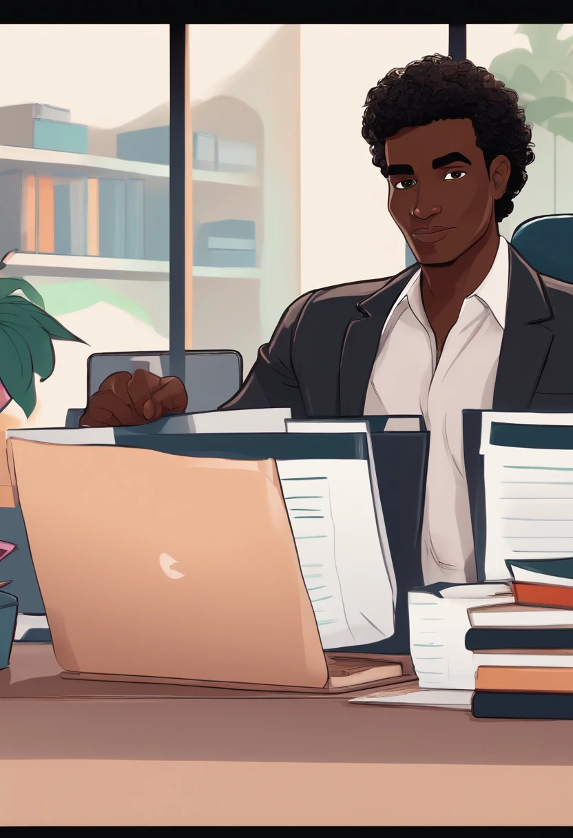 Dark-skinned man, curly hair, small eyes, sitting at a desk in an office, white t-shirt and black blazer, Disney pixar style Brazilian man
