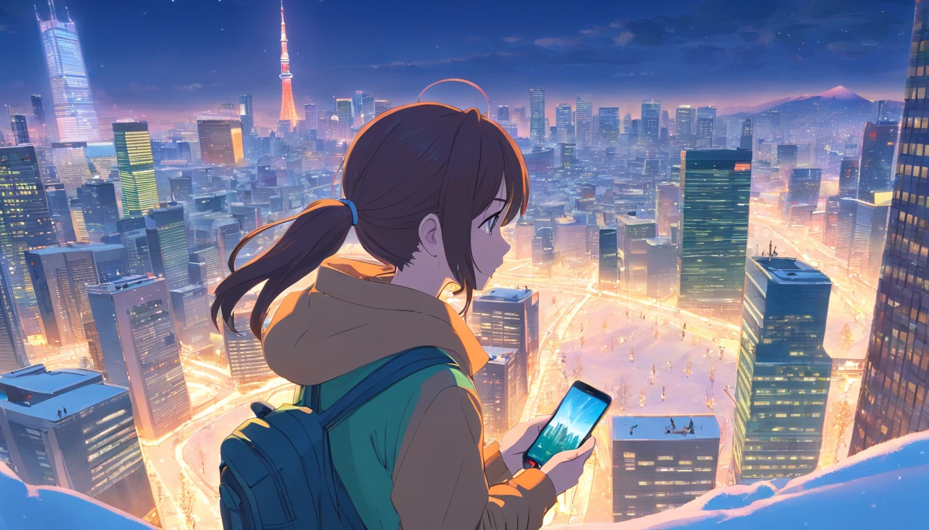 Tokyo in the snowy winter。Many skyscrapers。A girl with a ponytail operating a smartphone in the lower right corner。