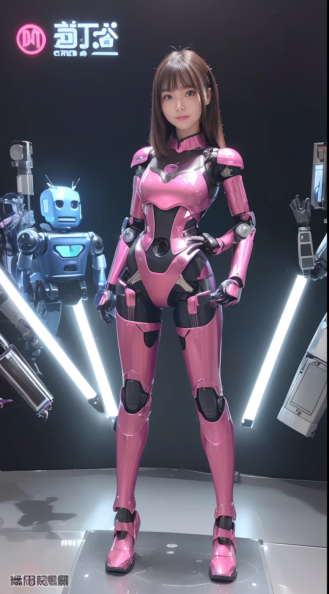 (Photorealsitic:1.4)、One Woman、(top-quality)、(hyperdetailed face)、(Super well-formed face)、((Robot Parts))、(Female robot)、(26 year old)、(Blue)、(pink there)、(Burgundy)、(metallic)、(Full body)、(Sexy Pose)、(Slender body)、(Model body type)、(full body mech)、(Akihabara)、(is looking at the camera)、(A dark-haired)、(Well-proportioned body)、(a small face)、(small head)、(well-groomed fingers)、(Idol)、(front facing)、(Standing with legs open)、(Hands on hips)、(Photo session)、(Looks sad)、(The Perfect Female Robot)、(Perfect machine body)