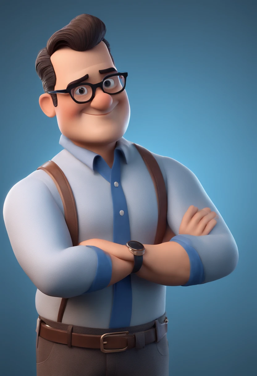 Cartoon character of a man with black glasses and a blue shirt, animation character, Caractere estilizado, animation style rendering, 3D estilizado, Arnold Maya render, 3 d render stylized, toon render keyshot, Personagem 3D, Personagem 3D, 3d rendering stylized, 3 d character render, personagem de desenho animado, Personagem de close up, Pose de personagem, (Estilo Pixar) (master part:1.2) (Bokeh) (best quality) (pele detalhada) (textura detalhada) (8k) (argila) (Cinematic lighting) (foco nítido