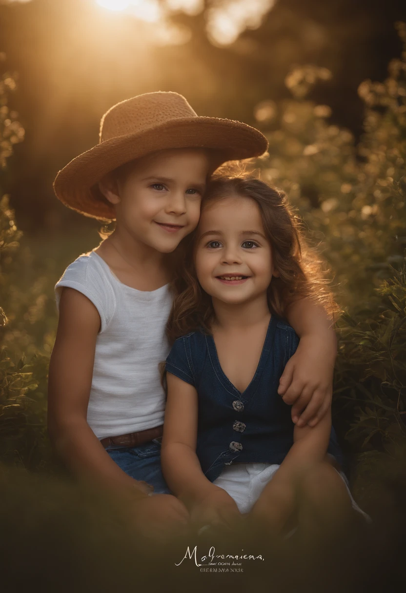 : Miguel, aproximadamente 5 anos de idade, cabelo curto estilo Disney, olhos castanhos e sorrisos. garota: Giovana, 2 anos, longos cabelos pretos e olhos azuis. scenecy: Miguel and Giovana are in a cozy little house in the valley, ao fundo um dia ensolarado, Destacando o Sol.