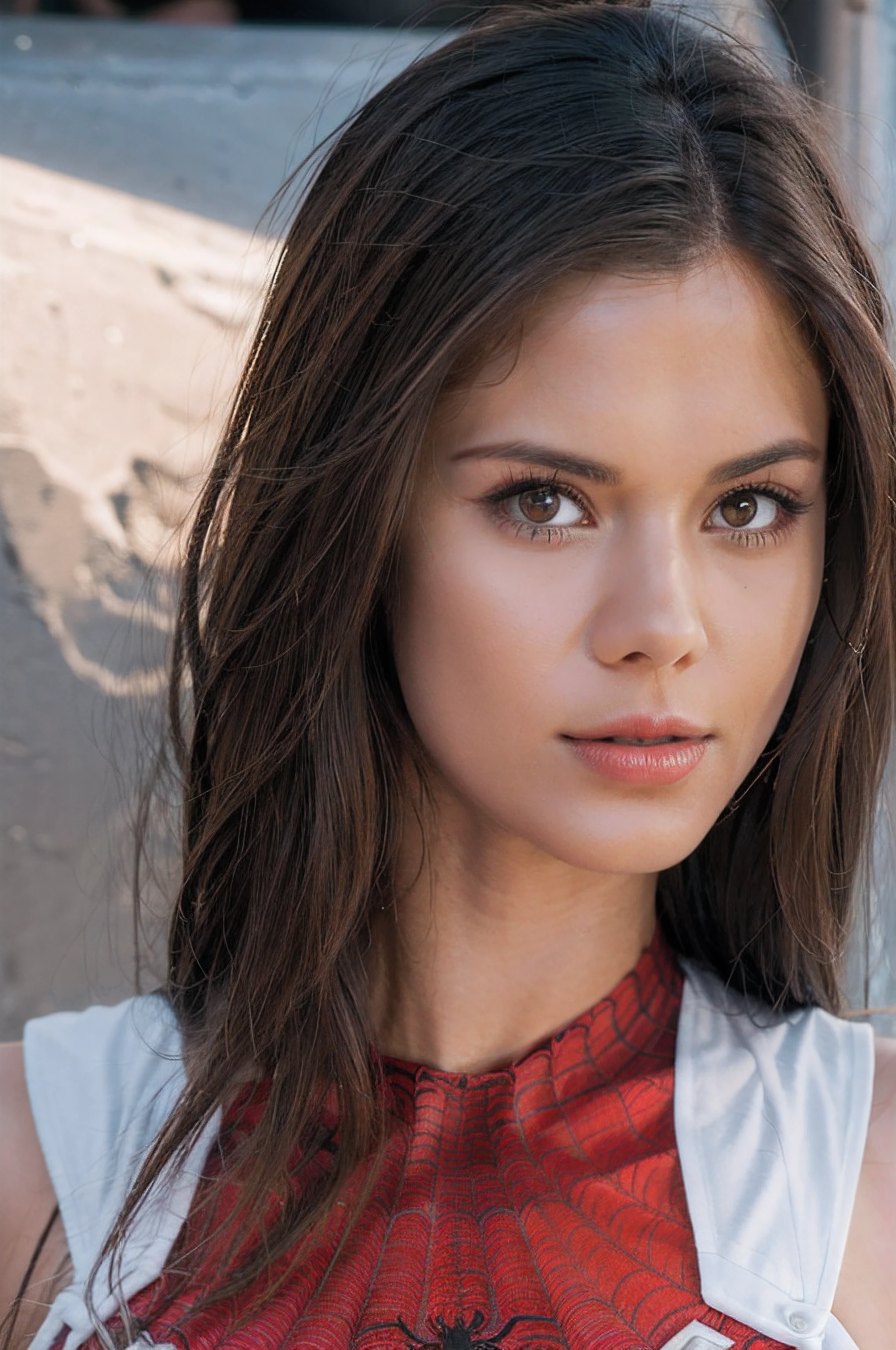 4K, realista, charismatic, muy detallada, little_caprice en la cima de la ciudad, con traje de Spiderman, She's a Spider-Man, White superhero theme, cabello largo blanco, 25-years old, cuerpo completo
