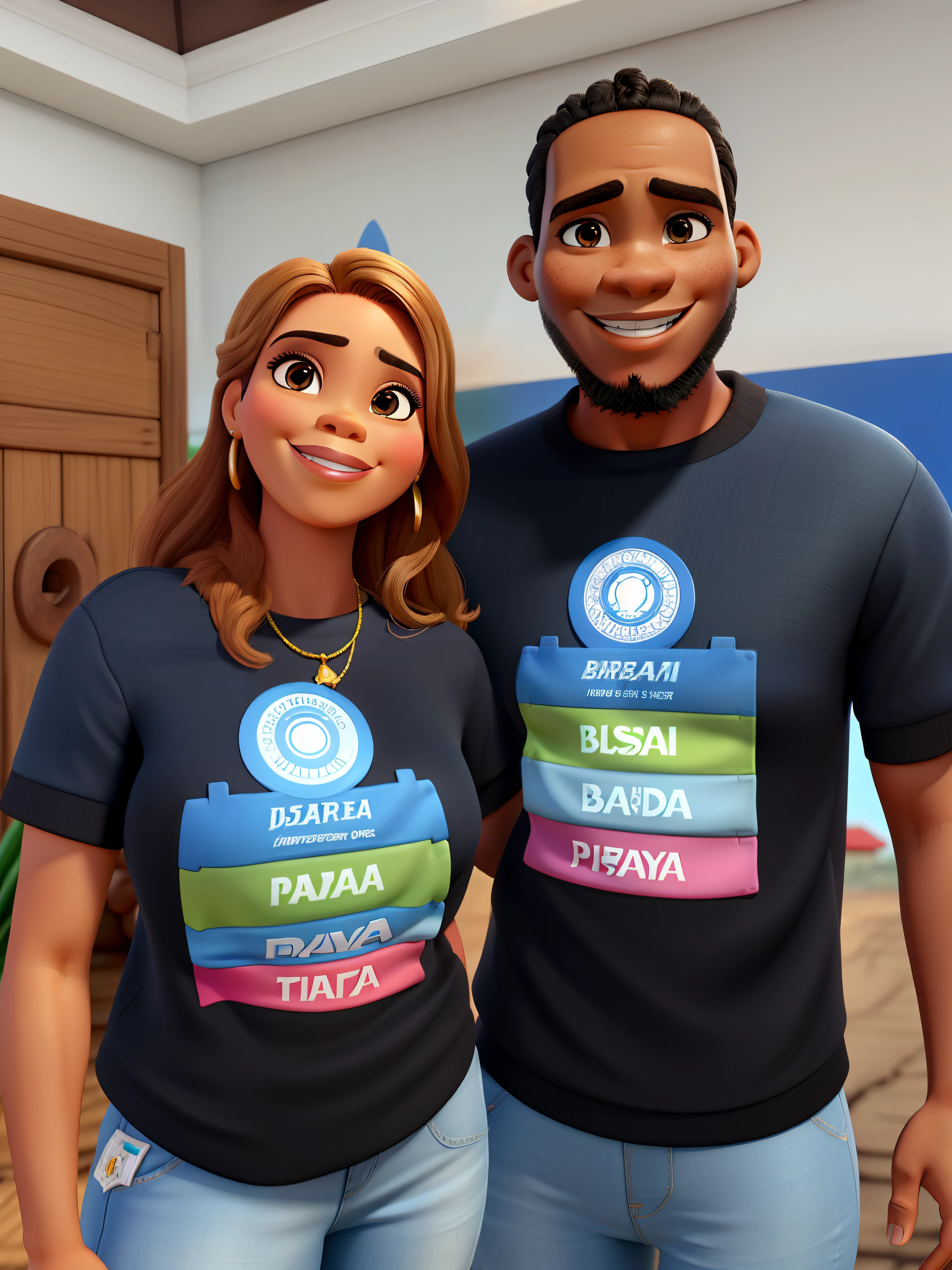 uma mulher brasileira branca de cabelos lisos, ao lado de um homem africano, ambos sorridentes, no estilo disney pixar, alta qualidade, highes definition