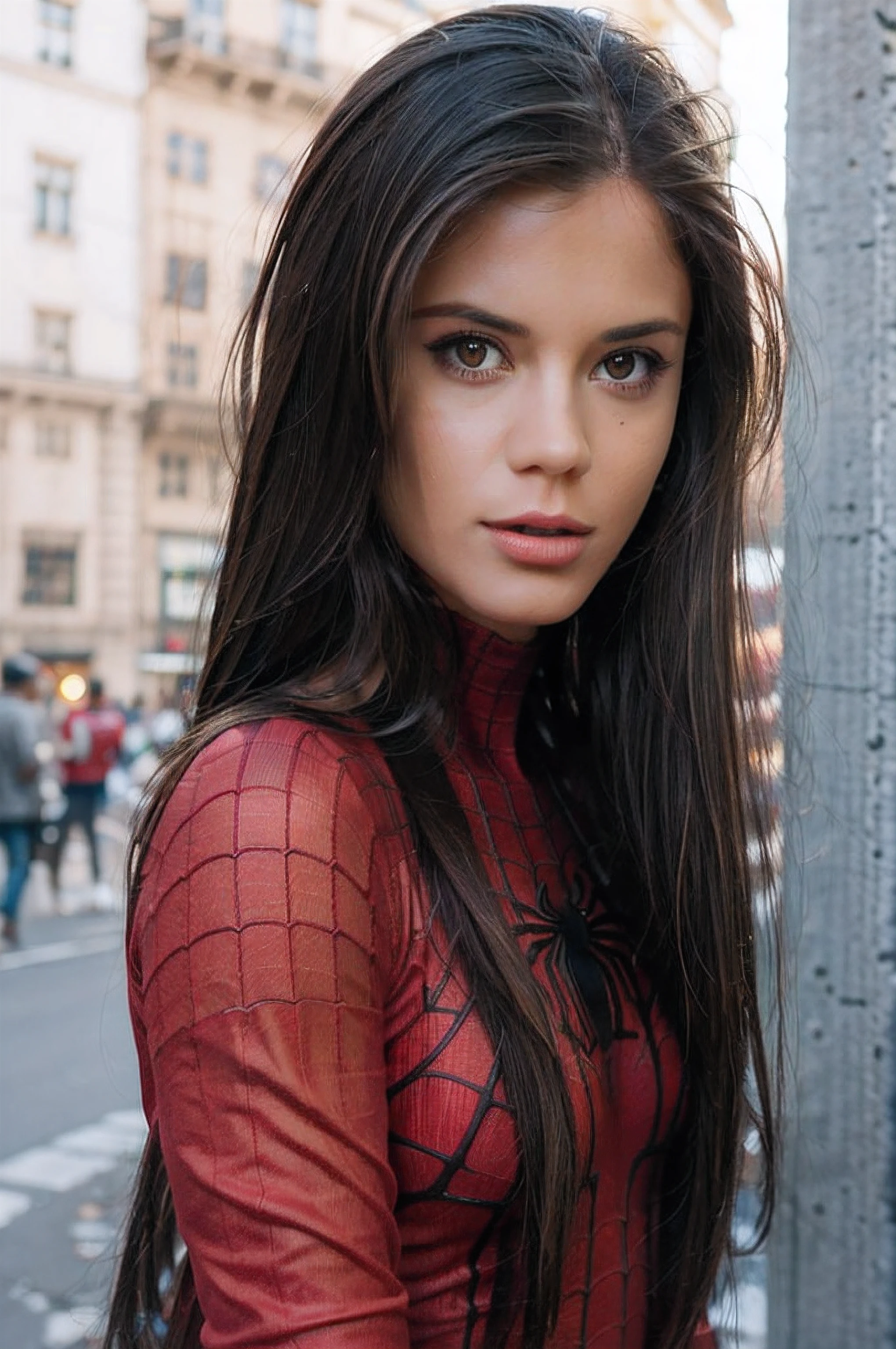 4K, realista, charismatic, muy detallada, little_caprice en la cima de la ciudad, con traje de Spiderman, She's a Spider-Man, White superhero theme, cabello largo blanco, 25-years old, cuerpo completo