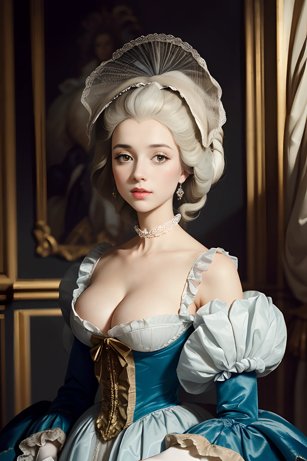 Masterpeace, ultra detailed, 8k, intricate detail, !(beautiful woman looks like young Amy Yasbeck in a white dress with a fan white royal wig , big chest cleavage, perfect body, !(((marie antoinette wig))), 18 th century style, rococo queen, inspired by Adélaïde Labille-Guiard, rococo style portrait, rococo art style, adelaide labille - guiard, rococo portrait, 18th century art, rococo fashion)