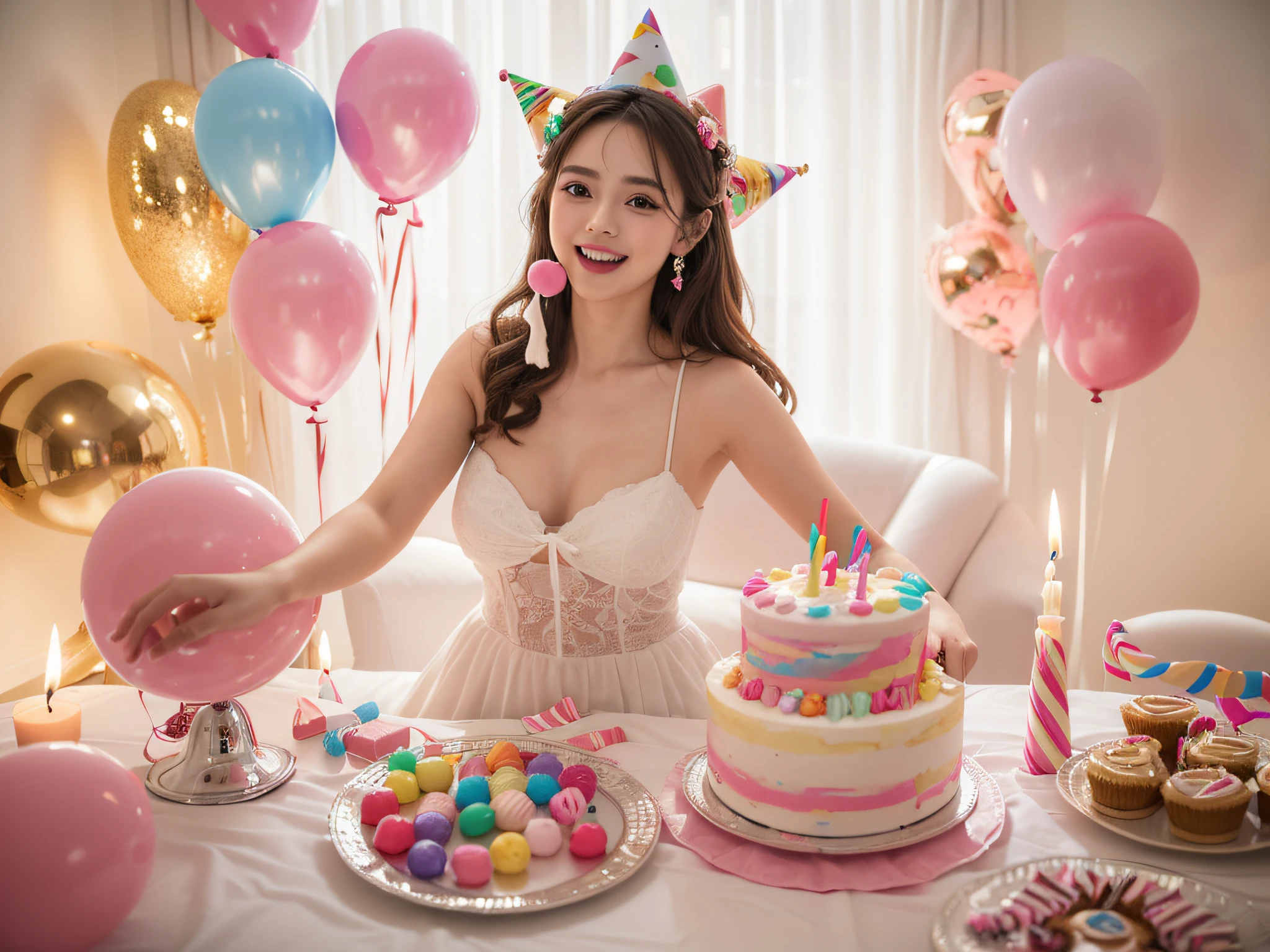 A girl with a birthday cake, cream castle, delicious colorful cake, happy birthday, balloons, candles, joyful celebration, party decorations, festive atmosphere, sweet treats, icing sugar, lollipops, candy canes, chocolate fountain, confetti, presents, excitement, laughter, happiness, bright colors, fun-filled day, memorable moment, beautiful decorations, magical ambiance (best quality, 4k, highres, masterpiece:1.2), ultra-detailed, (realistic, photorealistic, photo-realistic:1.37), vibrant colors, soft lighting