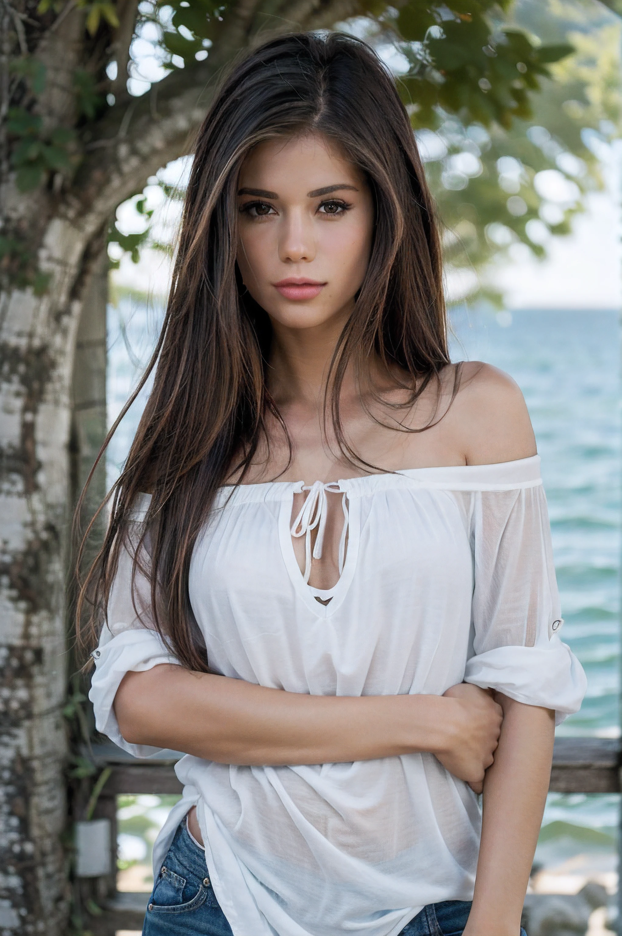 little_caprice , Caucasian, 20 years old, largo (cabello rubio) y ojos azules; Piel bronceada y sonrisa radiante, Piel bronceada e impecable, Diosa de la belleza. Lleva una holgada, Vestido blanco escotado transparente, pechos grandes, Zapatillas casuales; walk along the Copacabana waterfront; sunny day; Tu bolso bandolera; The sea breeze blows through her hair, Ella camina con confianza por la concurrida acera. Cinematic photo taken with a Canon EOS R5 camera, con un 50mm f/ 1.2 lentes. La profundidad de campo es poco profunda para desenfocar el fondo y mantener el enfoque. Lighting is natural, Taking advantage of the strong midday sunlight.