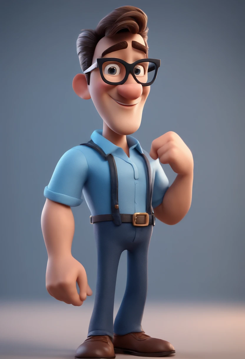 Cartoon character of a man with black glasses and a blue shirt, animation character, Caractere estilizado, animation style rendering, 3D estilizado, Arnold Maya render, 3 d render stylized, toon render keyshot, Personagem 3D, Personagem 3D, 3d rendering stylized, 3 d character render, personagem de desenho animado, Personagem de close up, Pose de personagem, (Estilo Pixar) (master part:1.2) (Bokeh) (best quality) (pele detalhada) (textura detalhada) (8k) (argila) (Cinematic lighting) (foco nítido