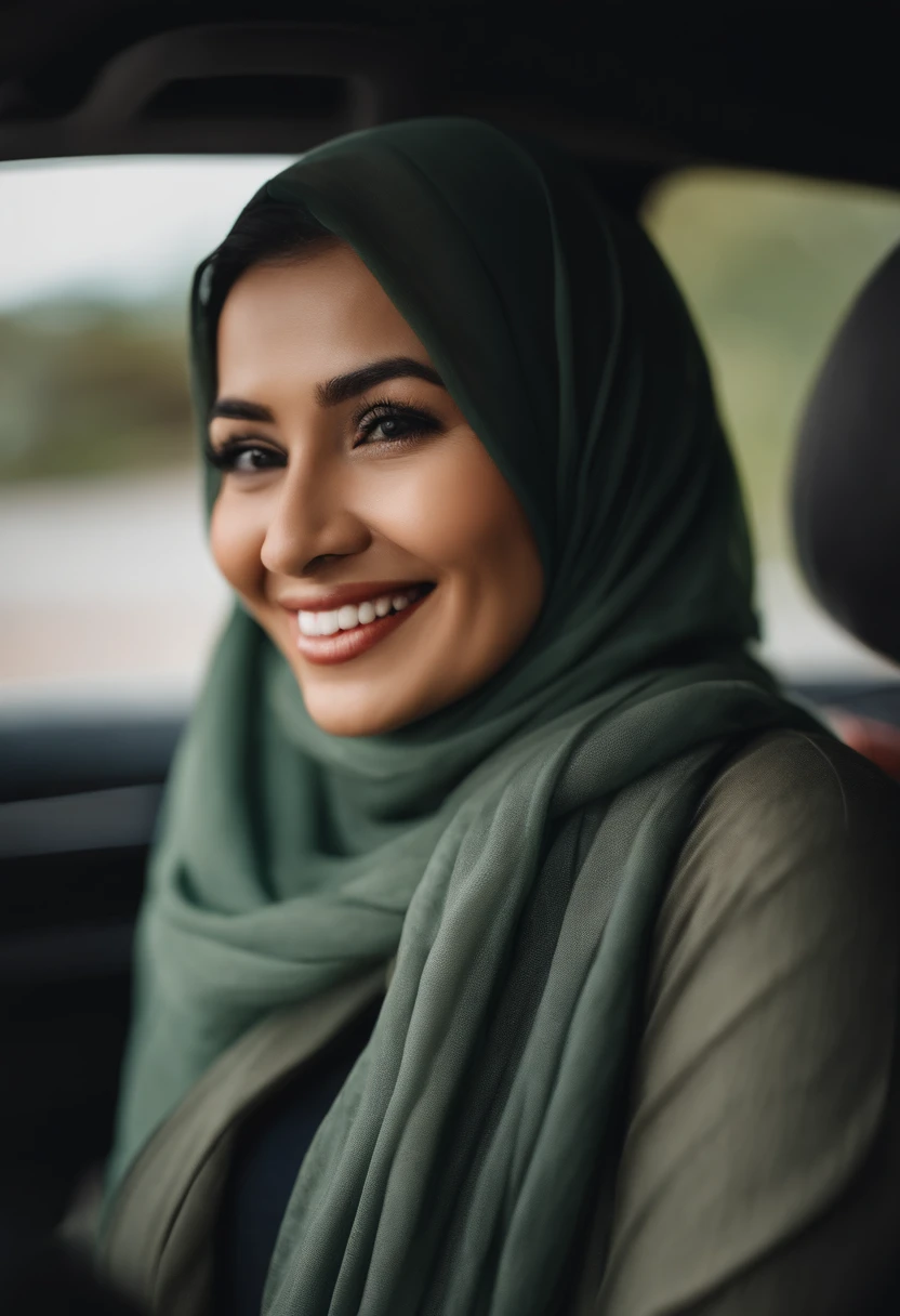Woman in pink hijab in car with plump lips and big eyes looking at camera while camera is inside car