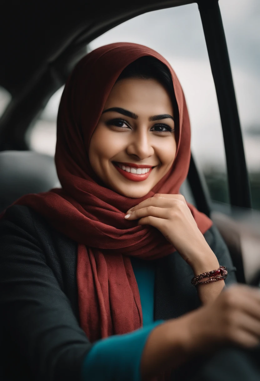 arafed woman in a car wearing a scarf and smiling, malaysian, headshot profile picture, faridah malik, 3 0 years old woman, 30 years old woman, beautiful and smiling, smiling and looking directly, zenra taliyah, warm and gentle smile, she is smiling, lovely smile, she is smiling and happy, selfie shot straight on angle, charming smile