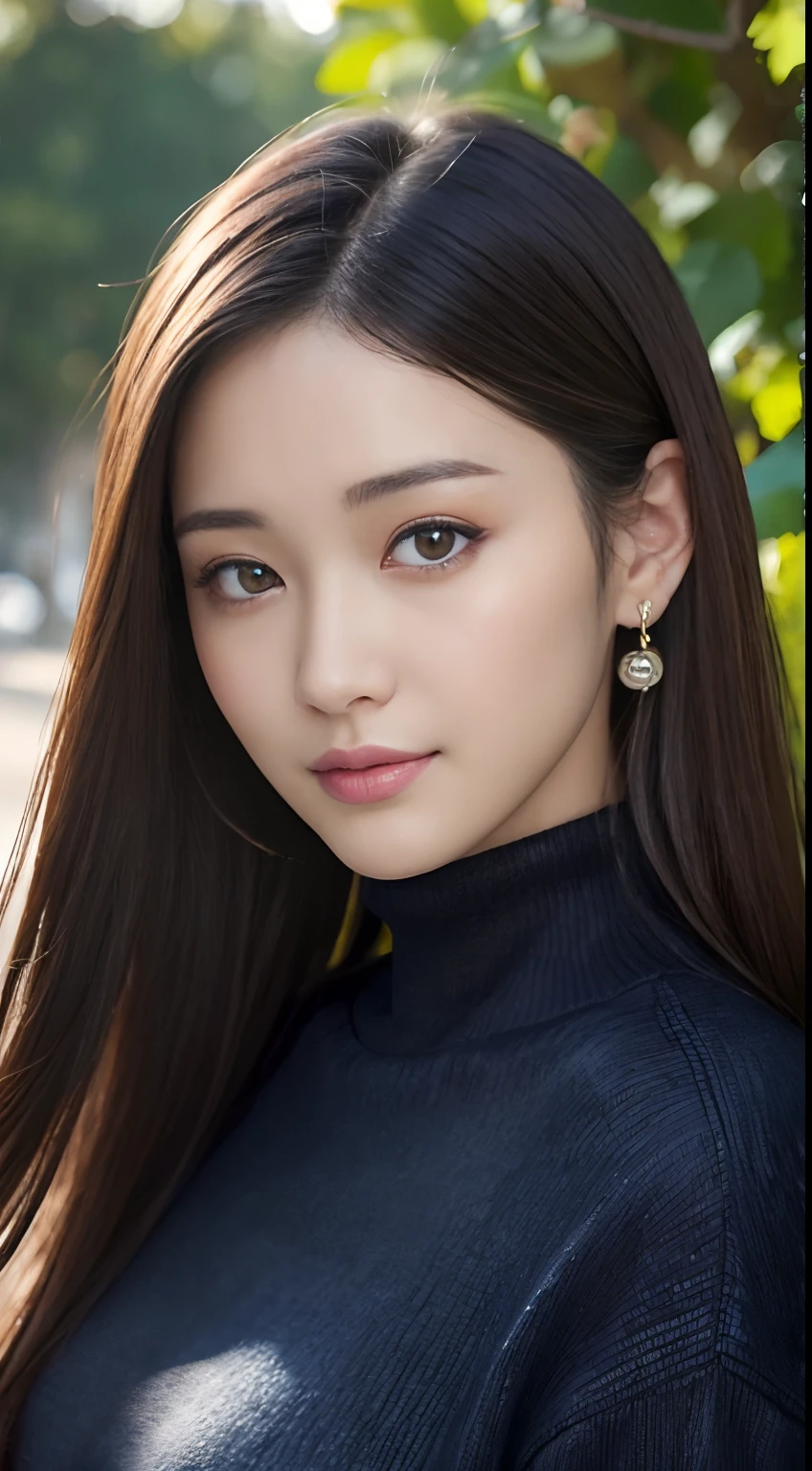 (A hyper-realistic), (hight resolution), (8K), (ighly detailed), (beatiful detailed eyes), (top-quality), (ultra-detailliert), (masterpiece), (Detailed face), A Japanese Lady、softfocus、without background、Beautiful adult Japan woman、Solo、Extremely beautiful face、Detailed depictions of eyes and hair、Beautiful long hairstyle、With dark hair、With an angle that looks like it was taken by a professional photographer、In the daytime with proper lighting、On the face of Haruka Ayase、White turtleneck sweater、Oversized Black Down Jacket、In skinny jeans、Fashionable clothes、Posing like a model、looking at me、Smile gently