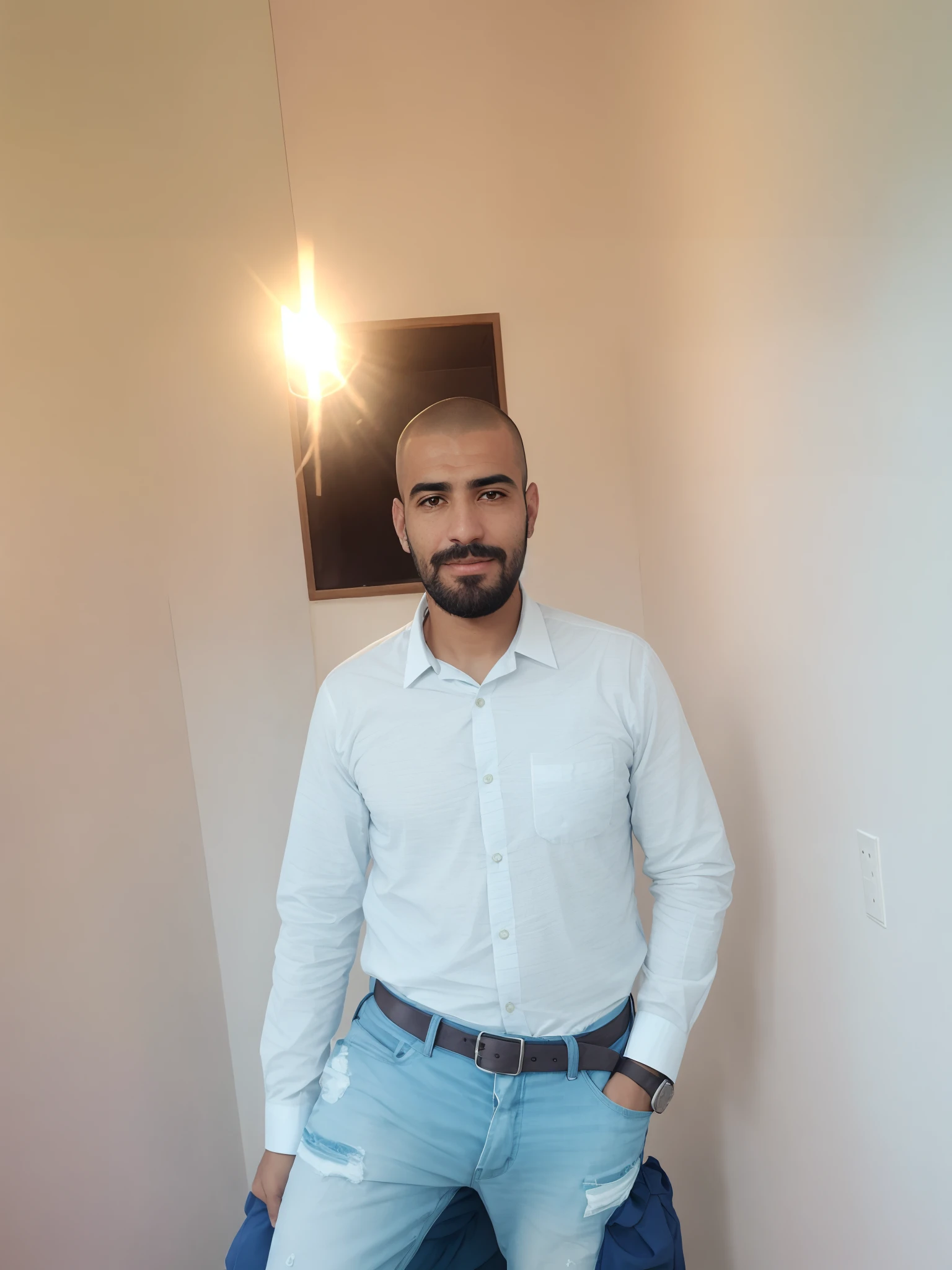Homem sorridente com barba e bigode em camisa azul no banheiro, Mohamed Reda, icaro carvalho, david rios ferreira, caio santos, (38 anos), Mohamed Chahin, edu souza, imagem de qualidade muito baixa, Homem de 4 0 anos, Henry Alvim Correa, Ahmad Merheb, Emad Mostaque