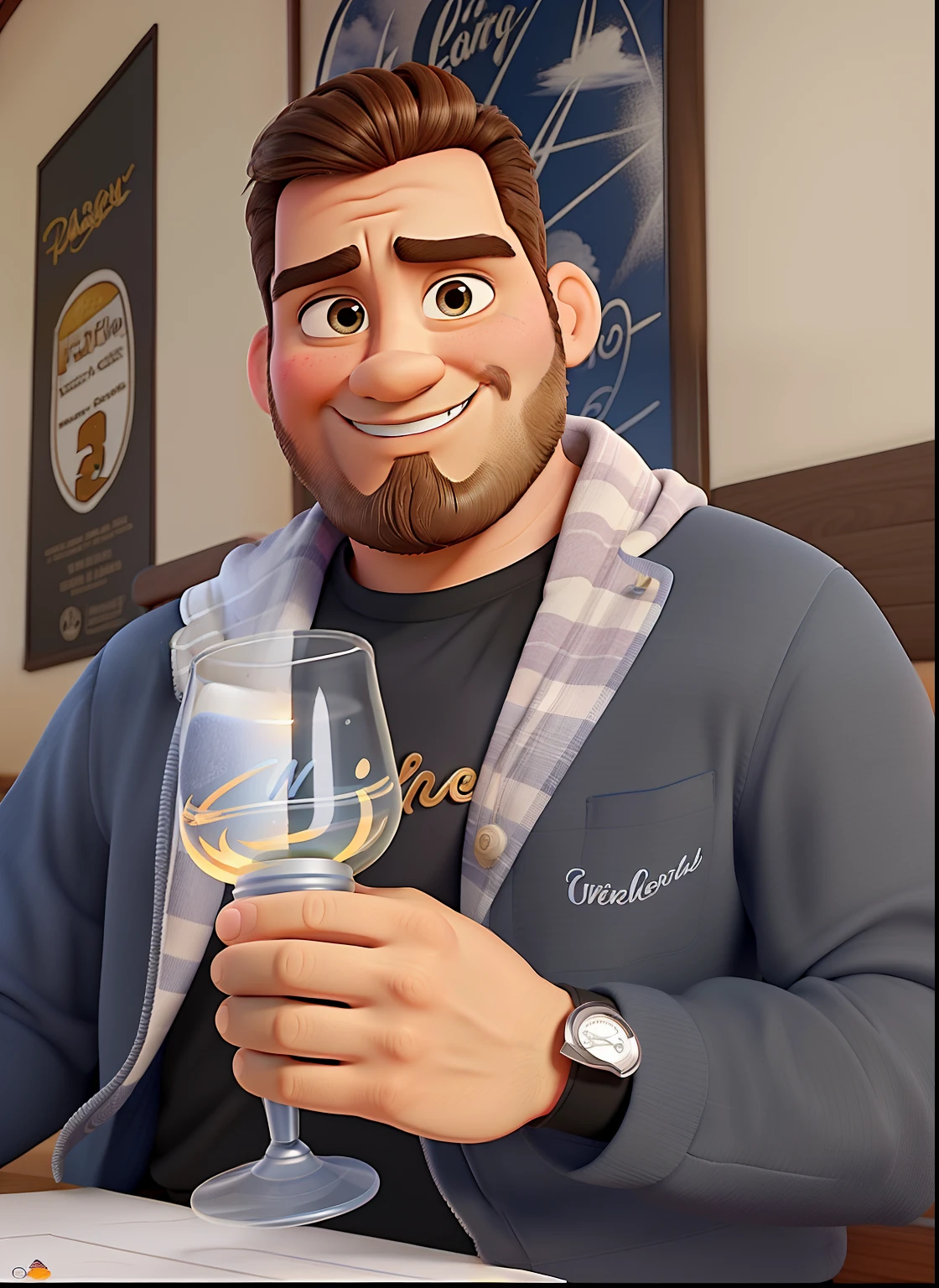 Poster no estilo Disney pixar, alta qualidade, melhor qualidade, homem sexy branco, 30 anos cabelo grisalho barba preta, musculoso, com fundo em um restaurante a luz de velas