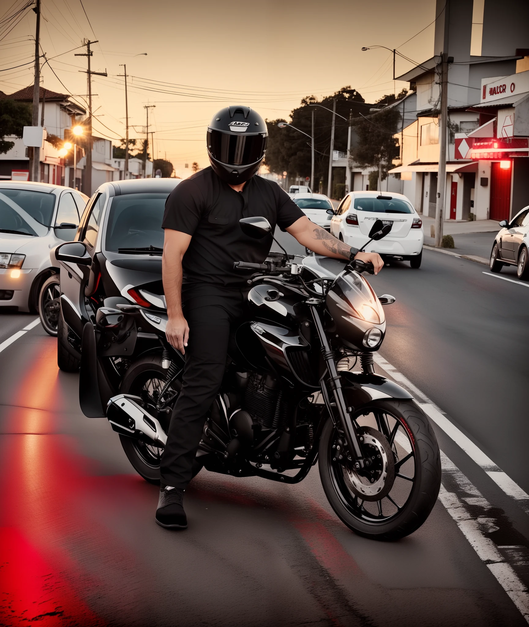 Homem de capacete sentado em uma motocicleta, fazer 250 vermelha, perfil frontal!!!!, Standing in the middle of the street with several cars behind looking straight at the camera, Black pants and black shirt helmet from Axxer Black, Black Right on the Floor CoverPortrait Photo, Retrato tirado 8 K.