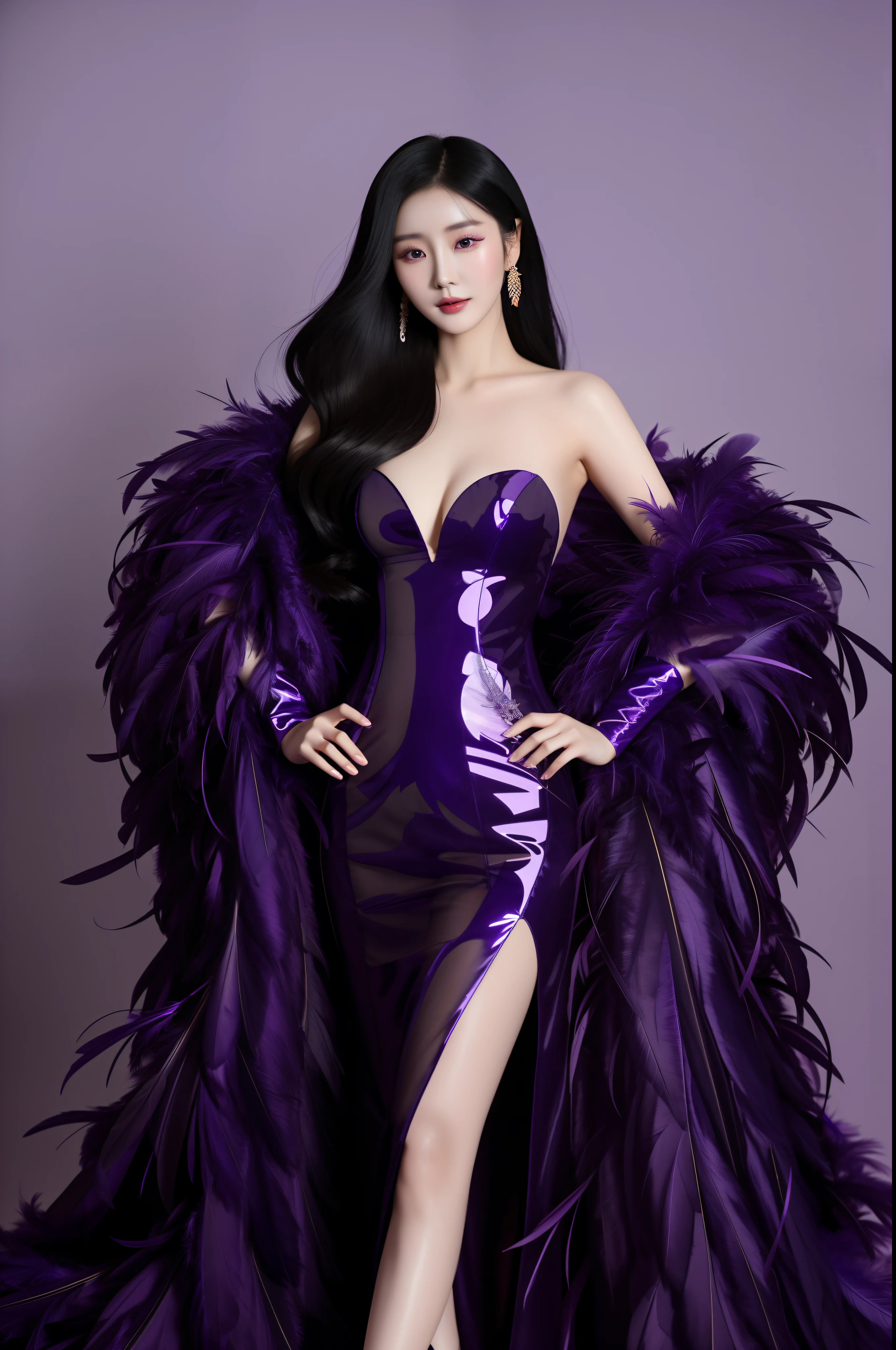 Chinese woman in purple dress and feather jacket posing for photo, , garbed in a purple gown, dark purple garments, Li Bingbing, iu lee ji-eun as a super villain, Zhang Jingna, wearing atsuko kudo latex outfit, korean women's fashion model, Wearing a feather dress