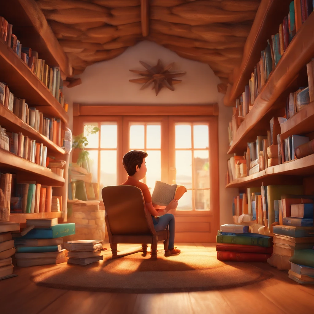 fundo branco, pixar desenhos animados 3D, homem lendo um livro, ::estilo pixar cartoon