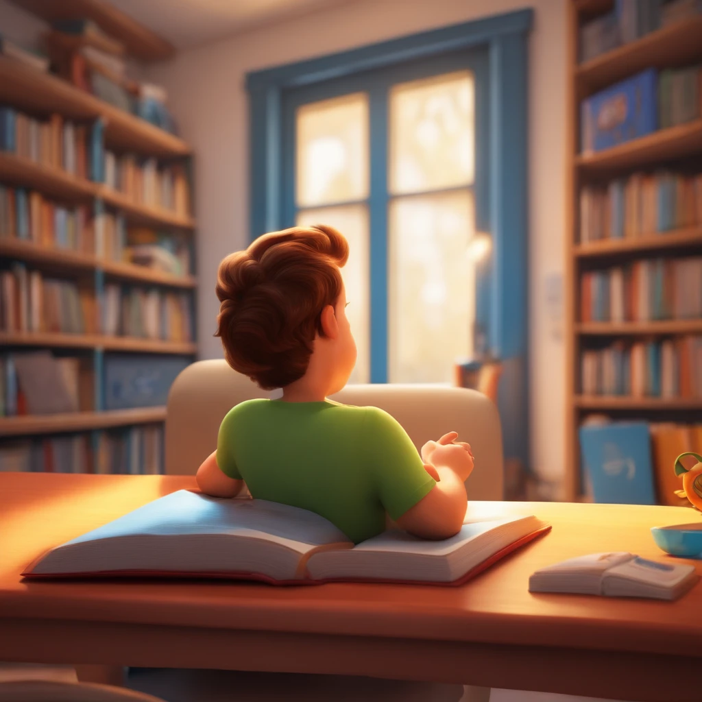 fundo branco, pixar desenhos animados 3D, homem lendo um livro, ::estilo pixar cartoon