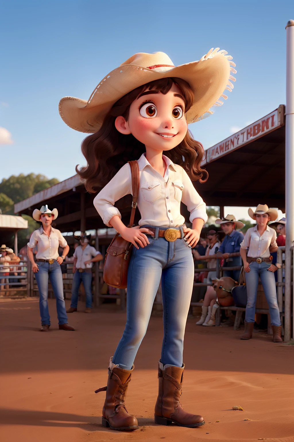 A girl in public, white, with brown eyes, wavy brown hair, glossy makeup and red lipstick, watching the rodeo at the pawn party, Barretos Brasil, rodeo arena, with an ox jumping, country show, jeans, white shirt with fringes, Texan boot, buckle, at night