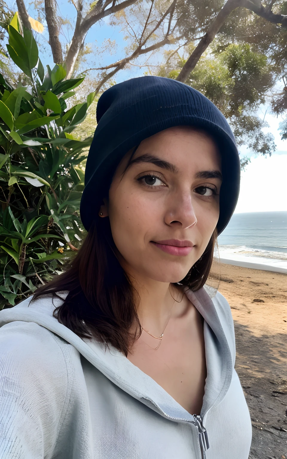 fotorrealista, best quality, hiper detalhado, Beautiful woman, foto selfie, parte superior do corpo, sozinho, wearing pullover, ao ar livre, (Noite), Montanhas, natureza da vida real, Estrelas, lua, (alegre, Feliz), Saco de Dormir, Luvas, sweater, gorro, Lanterna, Floresta, Rochas, Rio, Madeira, smoke billowing, mistborn, clear sky, analogue style, Olhando para o Viewer, textura da pele, filmic grain, fechar para cima, ultra high-resolution, Melhor sombra, .RAW, LUT do instagram