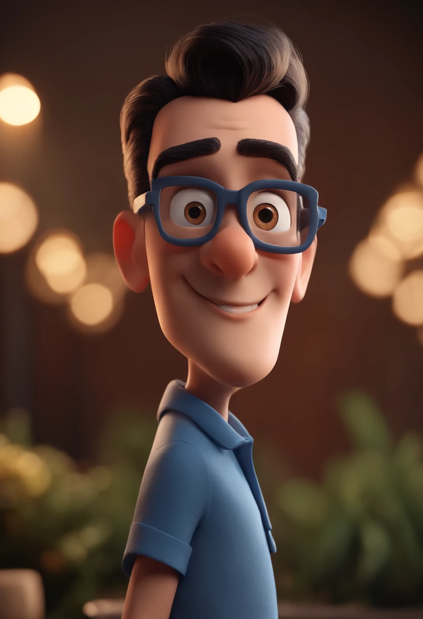 Cartoon character of a man with black glasses and a blue shirt, animation character, Caractere estilizado, animation style rendering, 3D estilizado, Arnold Maya render, 3 d render stylized, toon render keyshot, Personagem 3D, Personagem 3D, 3d rendering stylized, 3 d character render, personagem de desenho animado, Personagem de close up, Pose de personagem, (Estilo Pixar) (master part:1.2) (Bokeh) (best quality) (pele detalhada) (textura detalhada) (8k) (argila) (Cinematic lighting) (foco nítido