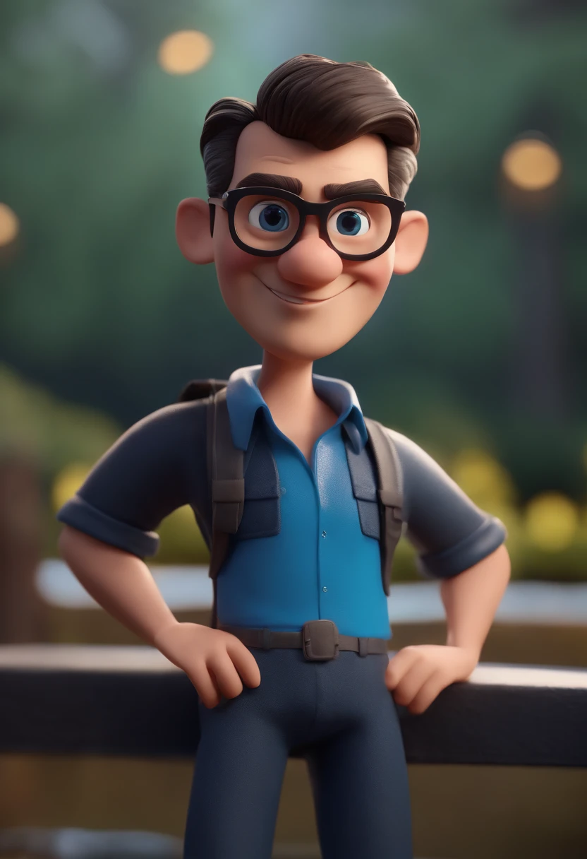 Cartoon character of a man with black glasses and a blue shirt, animation character, Caractere estilizado, animation style rendering, 3D estilizado, Arnold Maya render, 3 d render stylized, toon render keyshot, Personagem 3D, Personagem 3D, 3d rendering stylized, 3 d character render, personagem de desenho animado, Personagem de close up, Pose de personagem,  (Estilo Pixar) (master part:1.2) (Bokeh) (best quality) (pele detalhada) (textura detalhada) (8k) (argila) (Cinematic lighting) (foco nítido