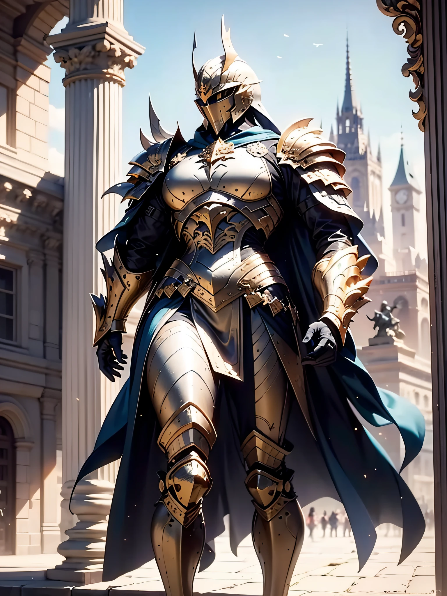 a beautiful golden-greek-armored warrioress, jet-black hair, hoplite helmet, muscular, huge and heavy breasts, looking at viewer, front view, modelshot pose, masterpiece, best quality, 8k, blurred background, medieval fantasy castle in the background