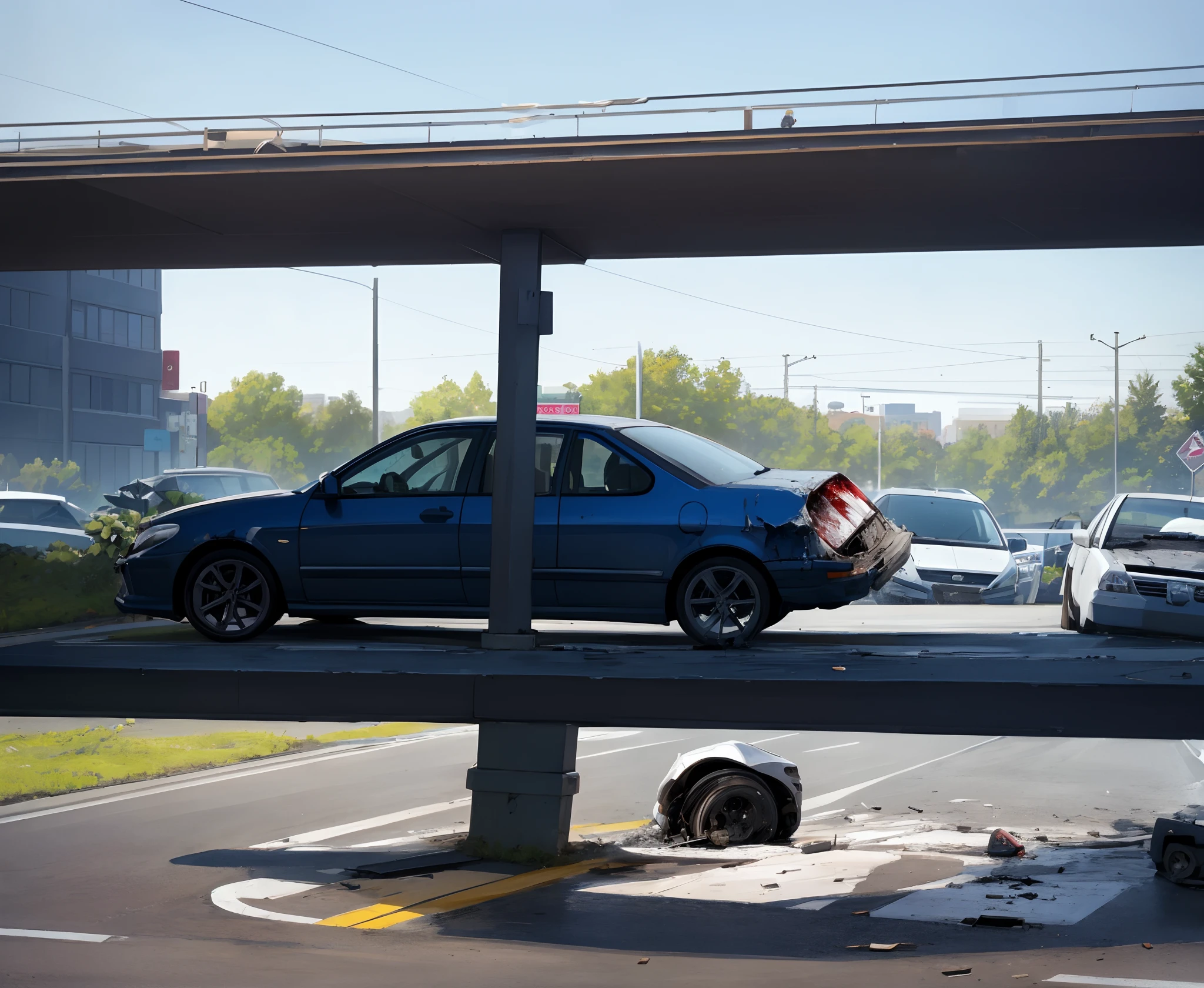 Create a picture showing blue skys and a car accident on the Ankeny E 1st street diverging diamond interchange