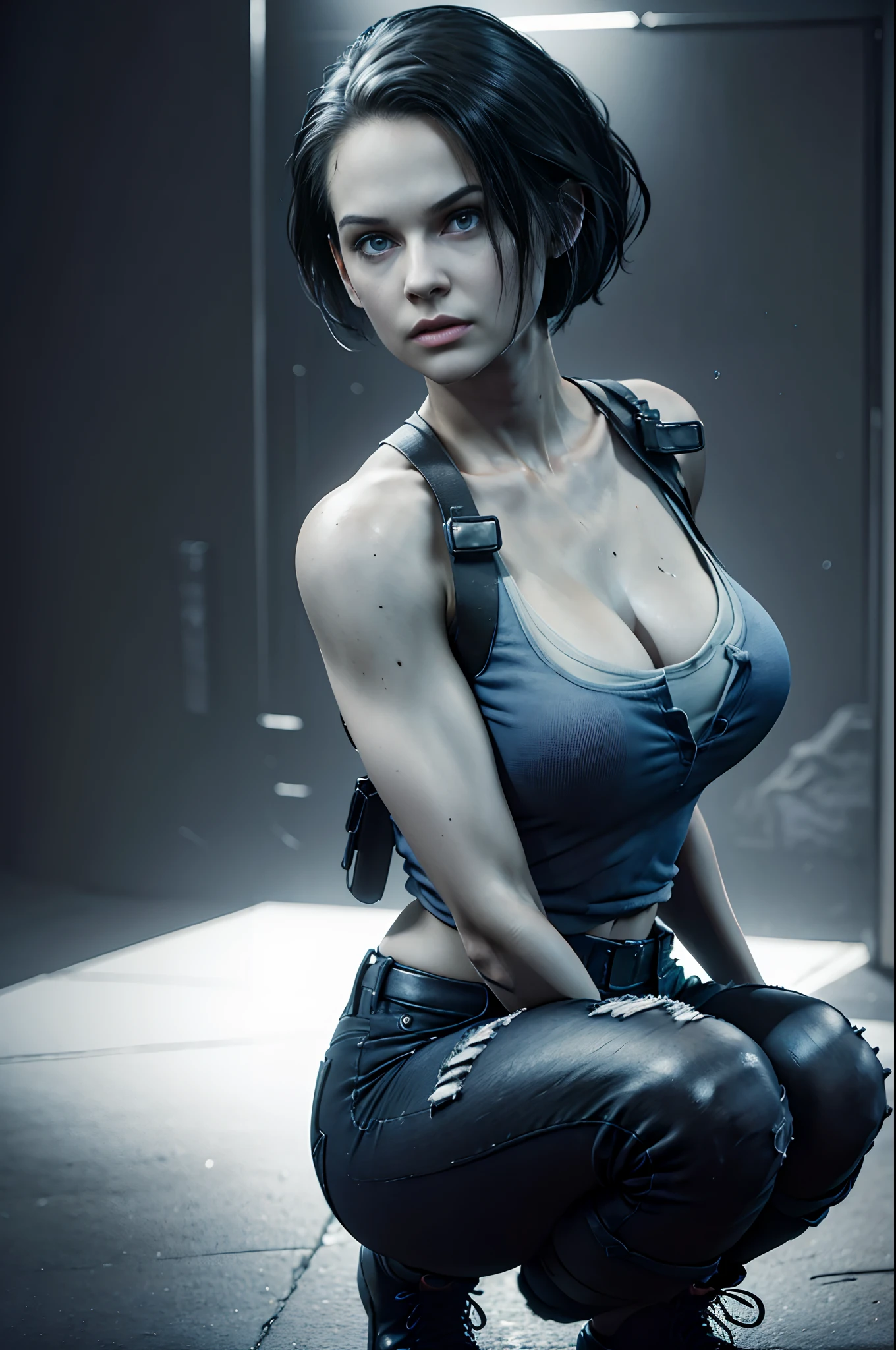 1girl, zotovalentine, zombie bite wound on neck, tank top, shoulder holster, athletic, (black jeans, black boots), beautifull jill valentine, (ultra detailed), (8k, intricate), (85mm), full body, wide shot, (highly detailed:1.2), breast focus, (detailed face), (gradients), sfw, colorful, (detailed eyes:0.5), (detailed background), (rule of third_composition:1.3), (Line of action:1.2), daylight, solo