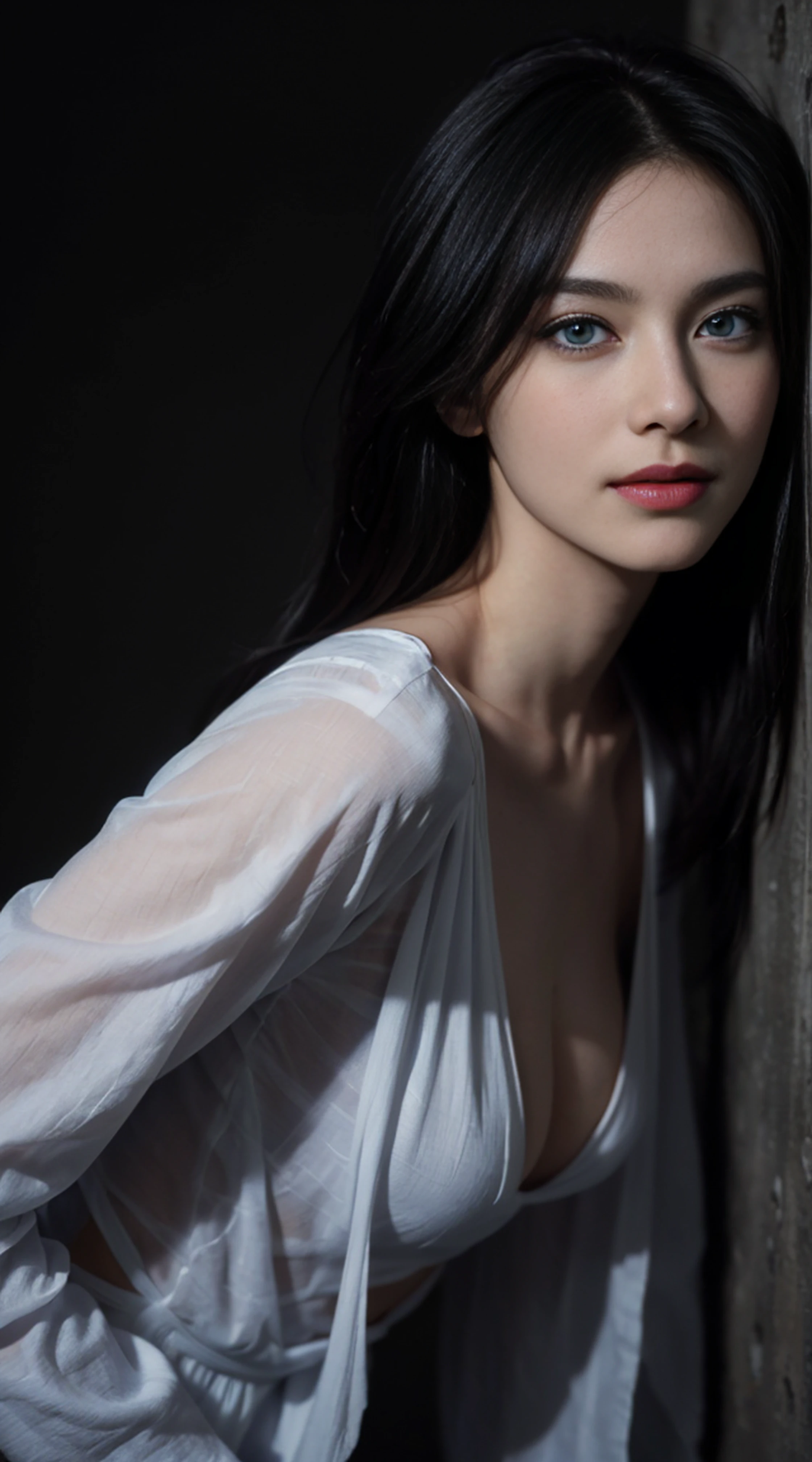 8K, Top Quality, Intricate Details, Ultra Detail, Ultra High Resolution, Masterpiece, random angle, Slender, Smile, (Makeup: 0.4), (Fluffy Blue Eyes: 1.21), blue Eyes, looking at viewer, ((full body)), 1girl, solo, 1 girl, (( full body)), close up shot, , ((tall)), (((fit body))), (((slim face))), sharp face, sharp eyes, (( black hair, )) (detailed face), sharp face, small lips,
((open shirt)), detailed face, detailed breast, , large breast, detail ass, , Beautiful girl with accentuated slender abs: 1.4, Six Pack Abs: 1.4, Bust Botox, Big, Perfect Body, detail leg, (( dark background)), black background,