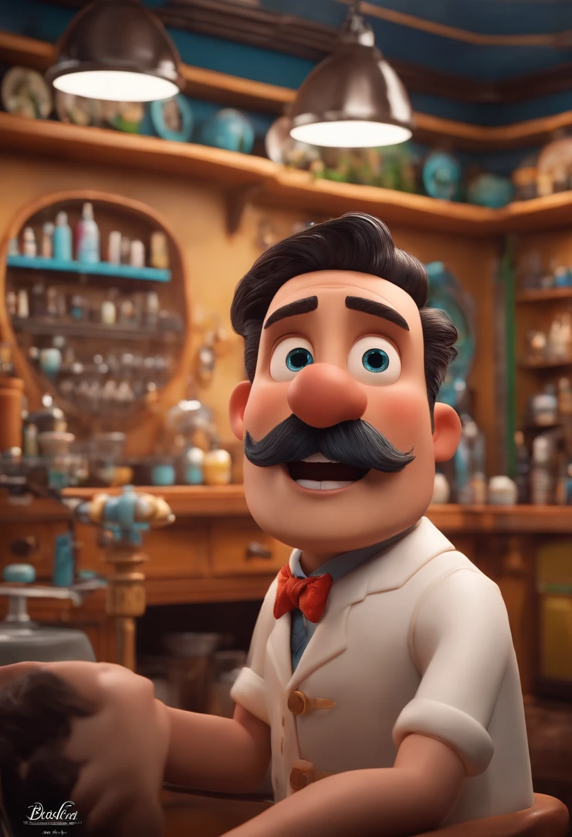 A Dream Barber Inspired by Pixar Animation, de perto. The character takes center stage with captivating facial expressions, oferecendo um toque de irrealidade, Cabelo curto e gordinho gradiente