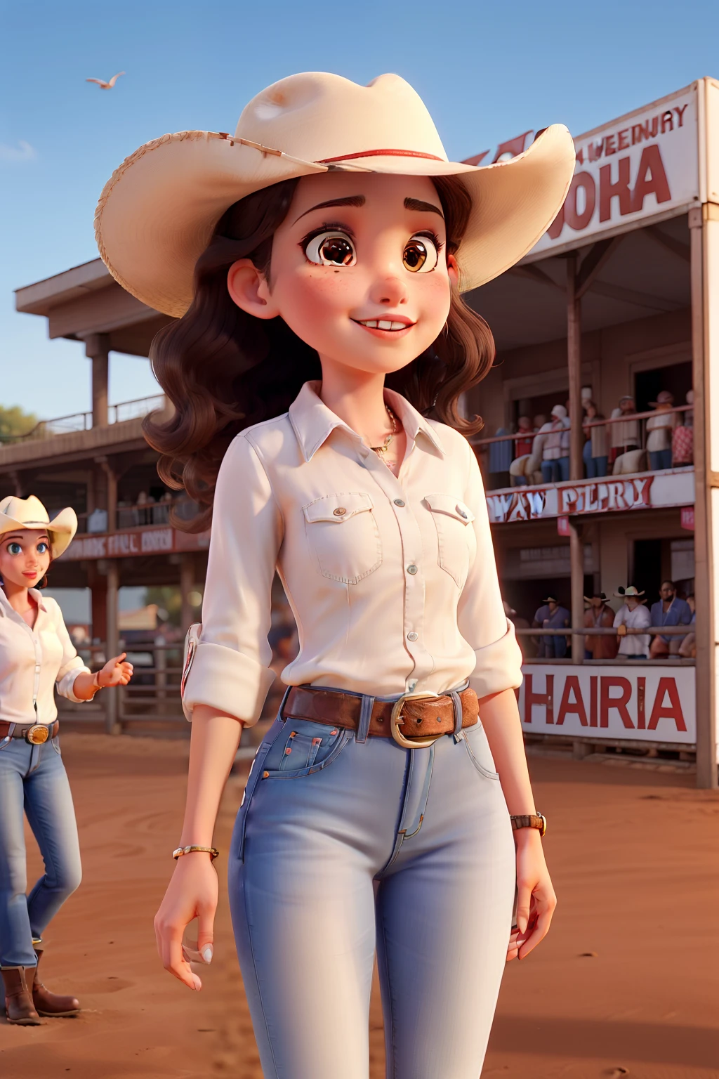 A girl in public, white, with brown eyes, wavy brown hair, glossy makeup and red lipstick, watching the rodeo at the pawn party, Barretos Brasil, rodeo arena, with an ox jumping, country show, jeans, white shirt with fringes, Texan boot, buckle, at night