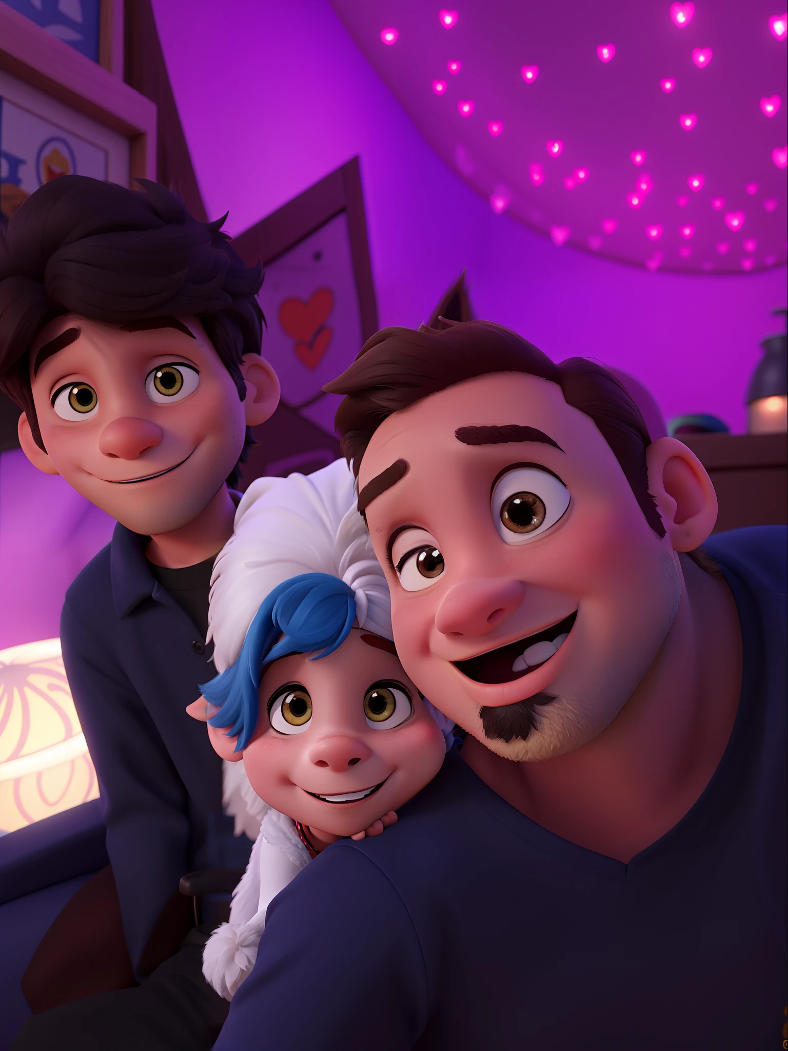Um homem, um menino, uma mulher e um cachorro no estilo Disney pixar, alta qualidade, melhor qualidade