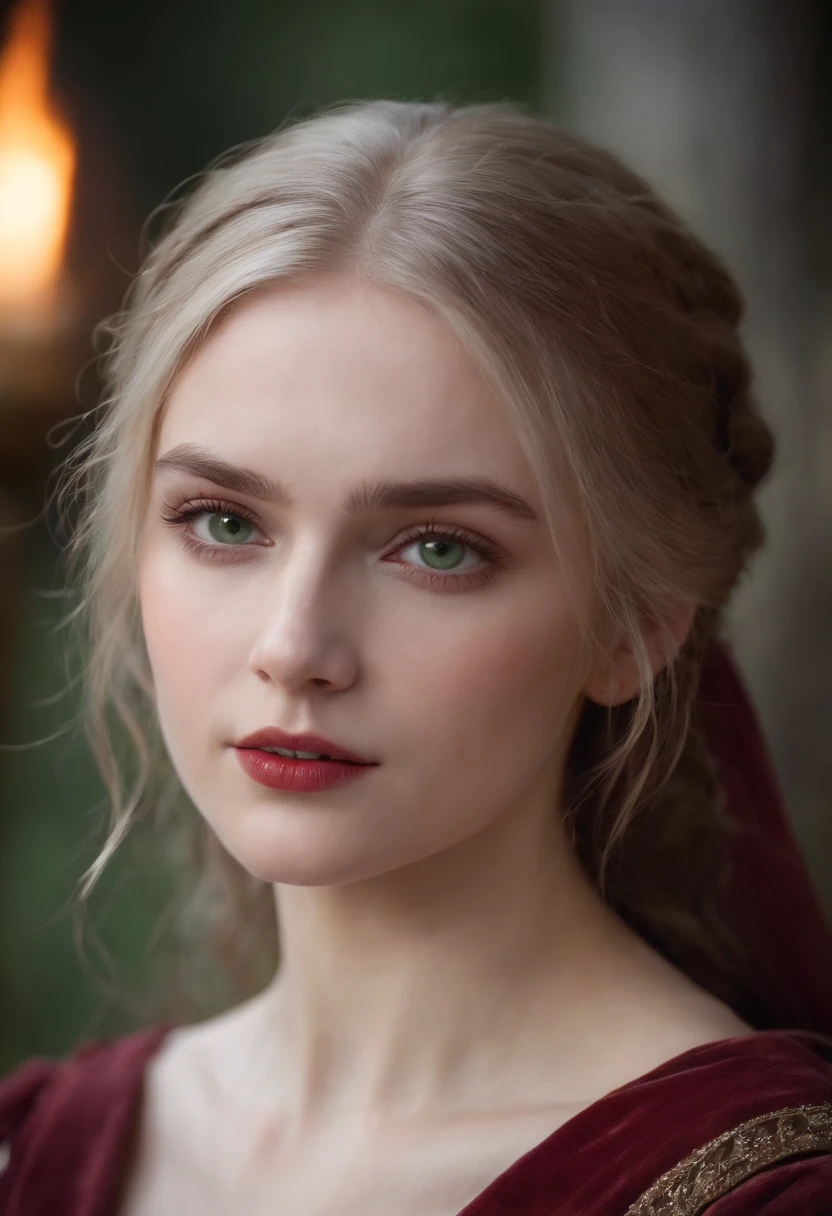 (((a deep reddish wound crosses her left cheek))) fair complexion, woman around 19 years old, natural white hair, distinctive green eyes, wearing kohl, slender and graceful, beautiful, candlelight in a medieval setting, ultra sharp focus, realistic shot, medieval female clothes, tetradic colors (scar:1.4)