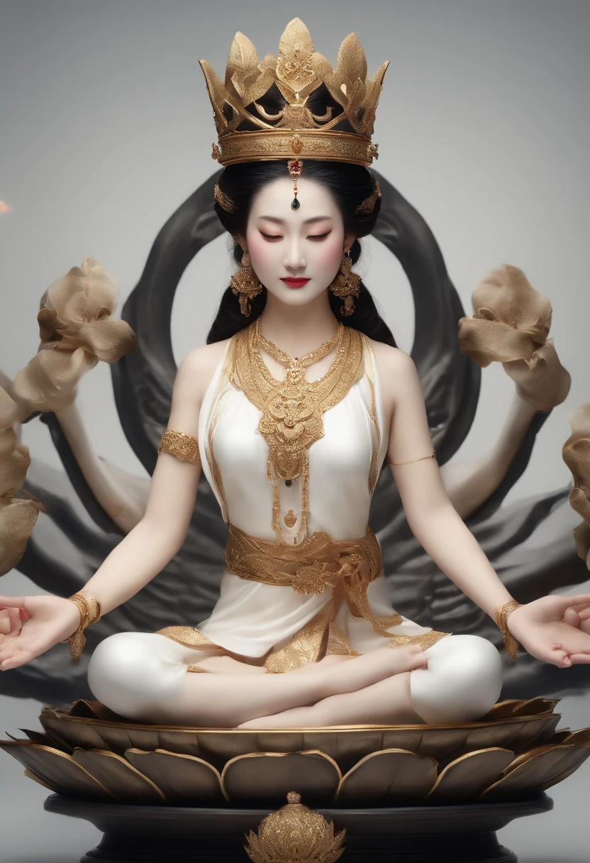 There is a beautiful goddess in the void，Young teenage girl，Goddess in white，long eyebrow，Beautiful eyes sparkle，二重まぶた，Plump and rosy lips，The lower jaw is rounded，Fair skin is delicate and smooth，Radiant skin，A delicate and ornate crown，inlaid gemstones，choker necklace，Yingluo，Fair and delicate skin，bangle，ankle bracelets，Sitting on a platform in the air，Hold the sphere with one hand，Spread the other hand out of the palm of your hand，white skinned，（（Correct body structure）），White soft tulle garment，Silk blue dress，Blue sky，flowing clouds，fresh flowers，（nice hand），（Good feet），（good legs），realisticlying，white skinned，no-bra，The streamers blow in the wind，Kim In-ro belt，（（Correct body structure）），with blue sky and white clouds，Clean skies，Head background with round light，Behind him is a faint rainbow circle，Front lighting，No shadows on the face，Unreal space，ethereal world，dreamworld，tmasterpiece，4K，ultra-definition，professional photoshooting，